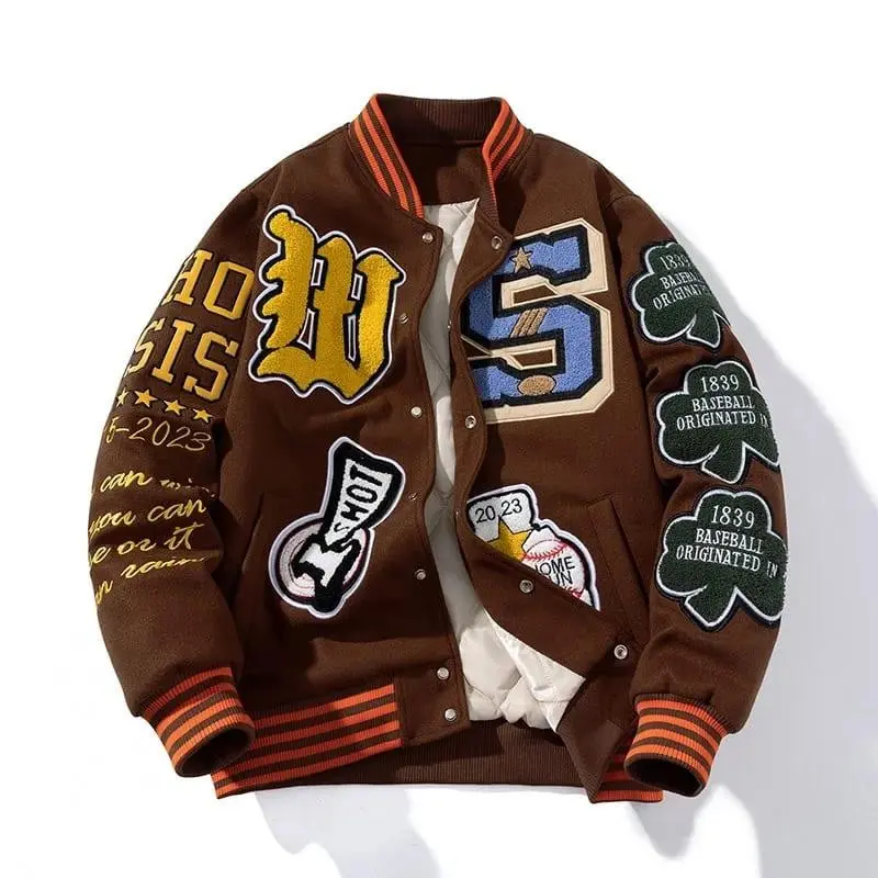 Letter Embroidery Varsity Baseball Jacket Men Women Winter Woolen Coat Thick Warm Outwear Parkas Brown