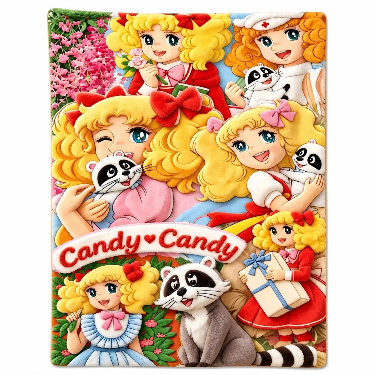 Vintage Candy Candy Classic Cartoon Girl Raccoon Pattern Flannel Throw Blankets Cooling Blankets Cooling Blanket Duvet Bedding Bed Accessories Comforter Set Retro Style Soft Ultra Cozy Lightweight Multi Purpose Decor Blanket for Bed Sofa Couch Bedroom Dor
