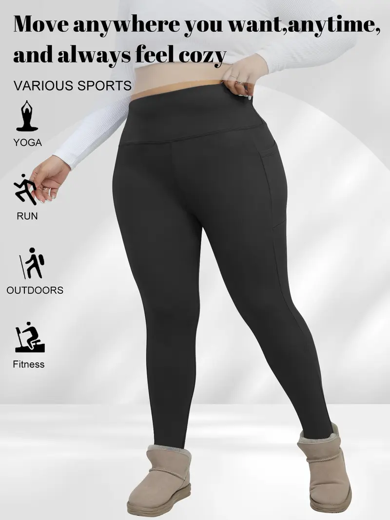 Women's Plus Size Tight Pants, High Waist Abdominal Control, Side Pockets, High Elasticity, Warm Comfort, Multi-Scene Use