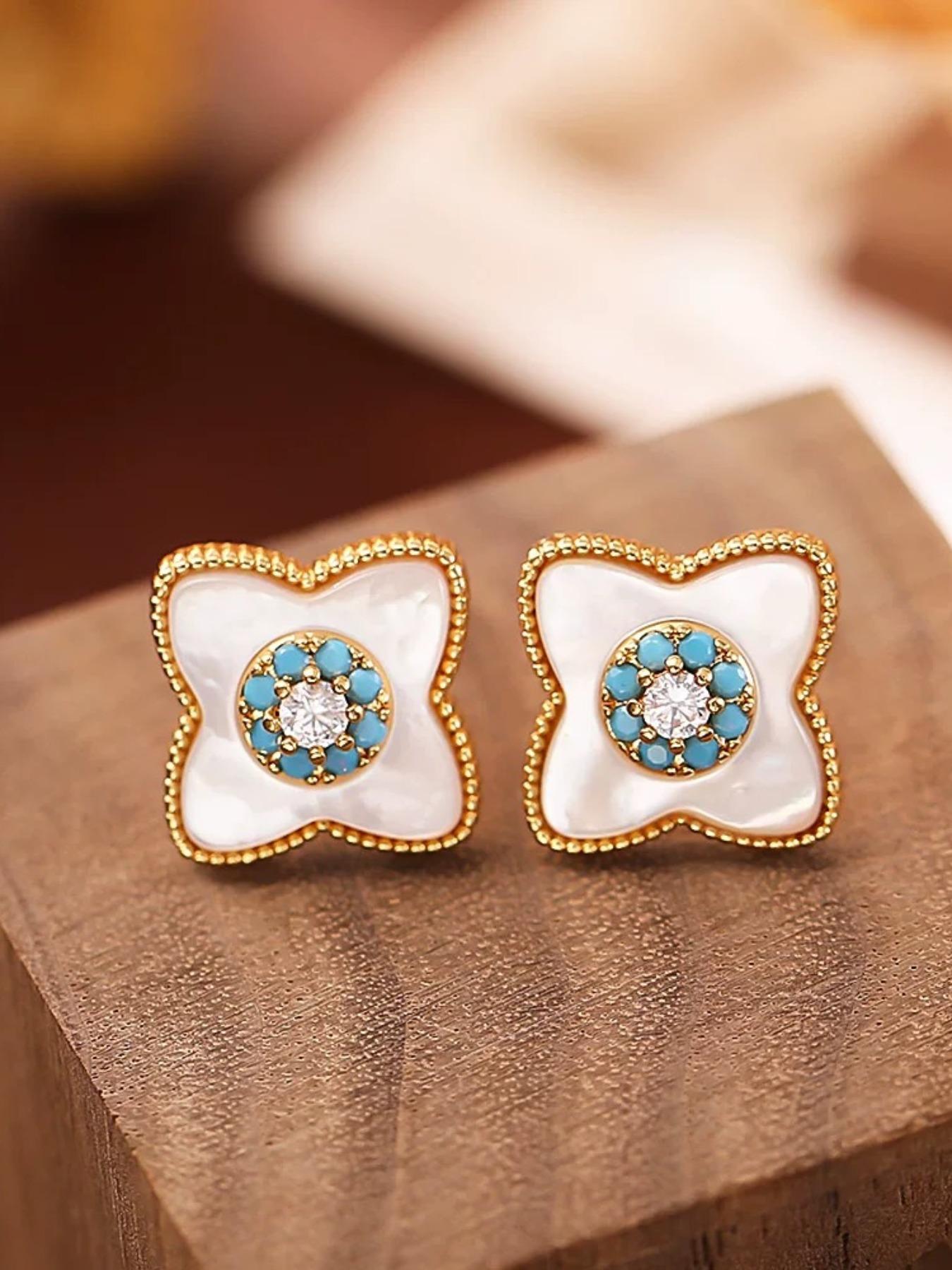 Vintage Clover Mother-Of-Pearl Turquoise Zircon Earrings, Elegant Lightweight Everyday Commuter Jewelry, Versatile Fashion Accessory