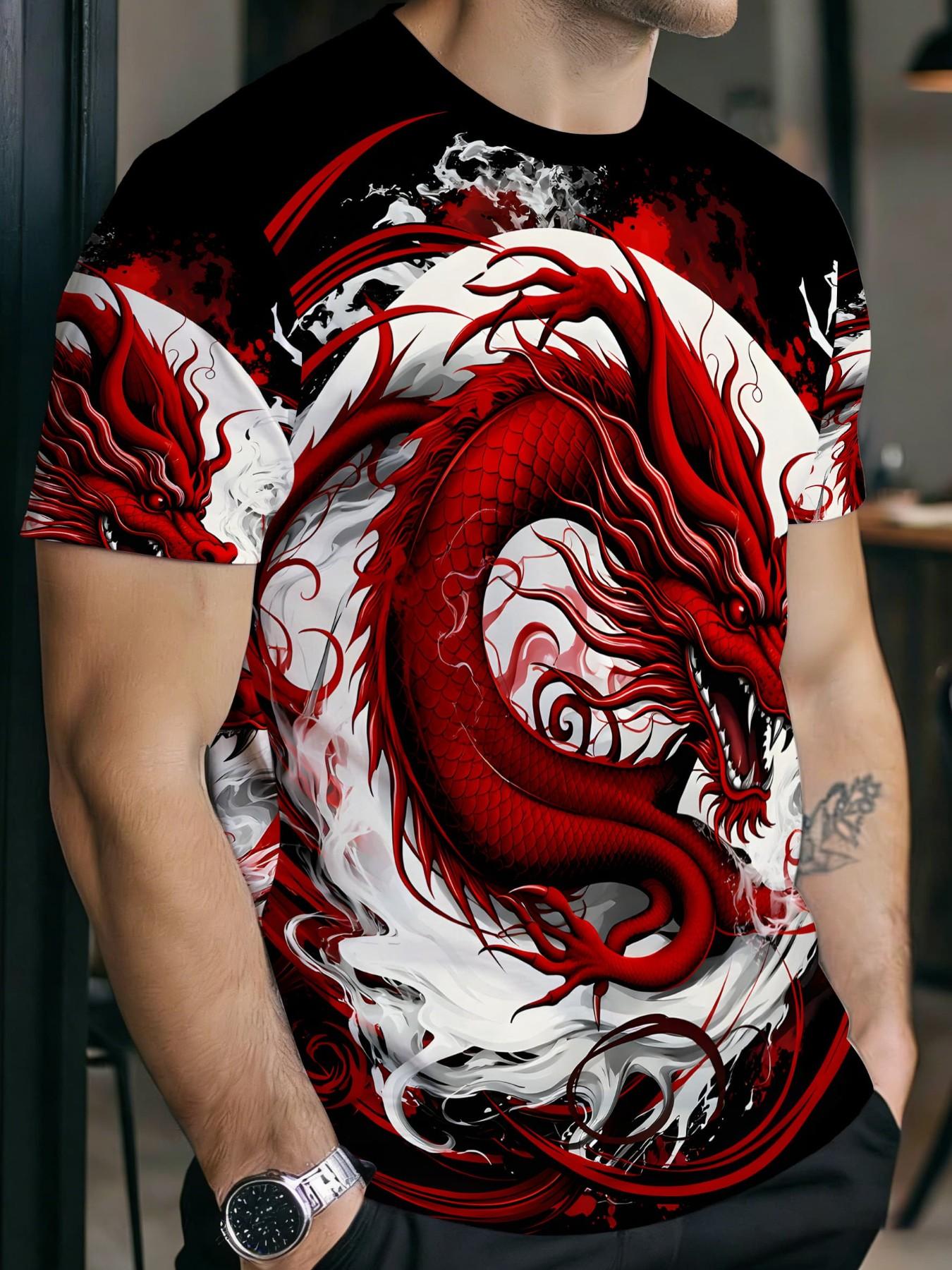 Limited Edition Luxury Men's Ice Silk Short Sleeve T-Shirt, Summer New Business Casual Round Neck Top, Dragon Pattern, Breathable, Loose Fit