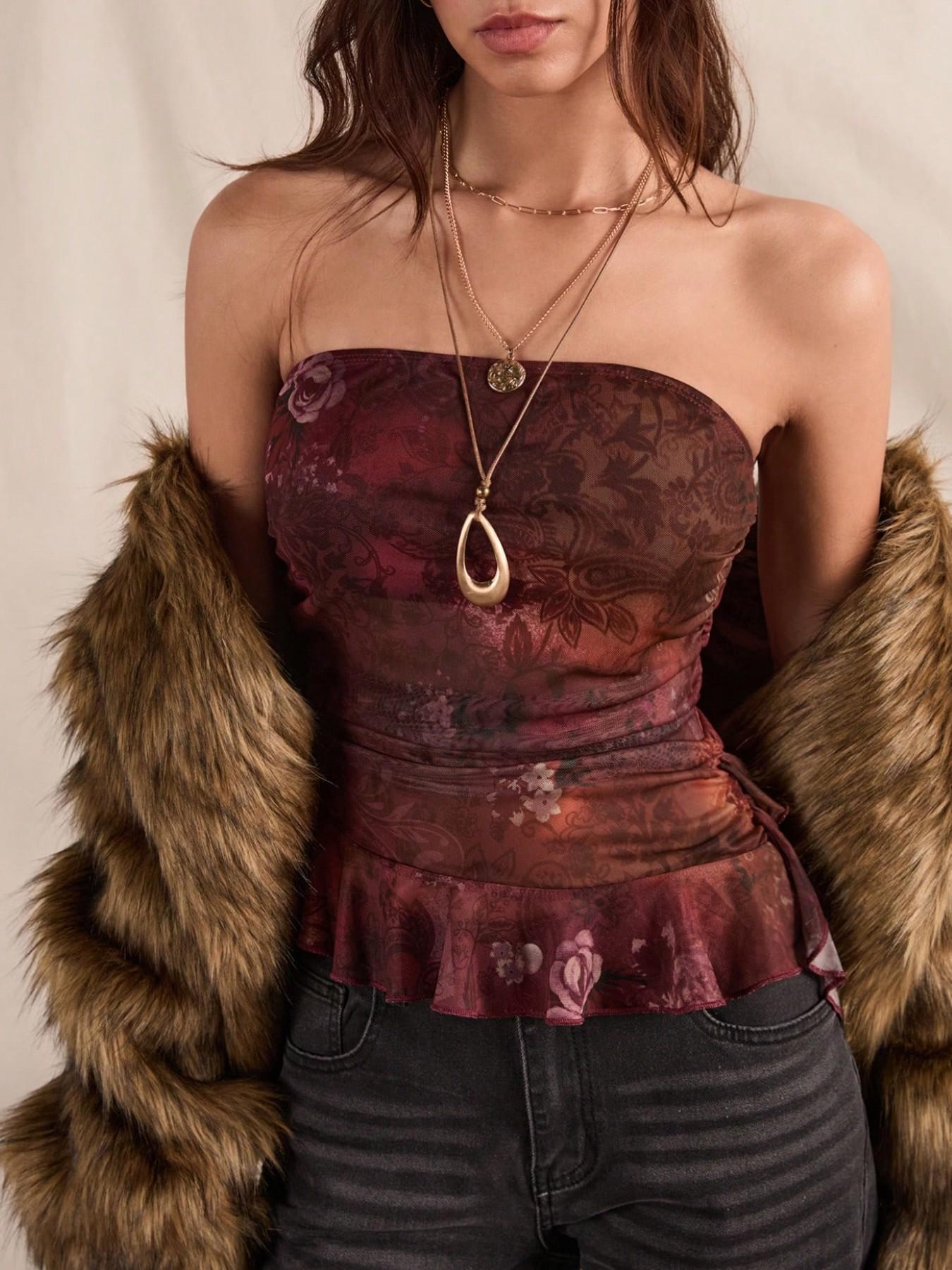 This Sheer Floral Tube Top is Grunge Fairy Y2K Vibes 🦋 | Ruched Ruffle Hem Mesh Top