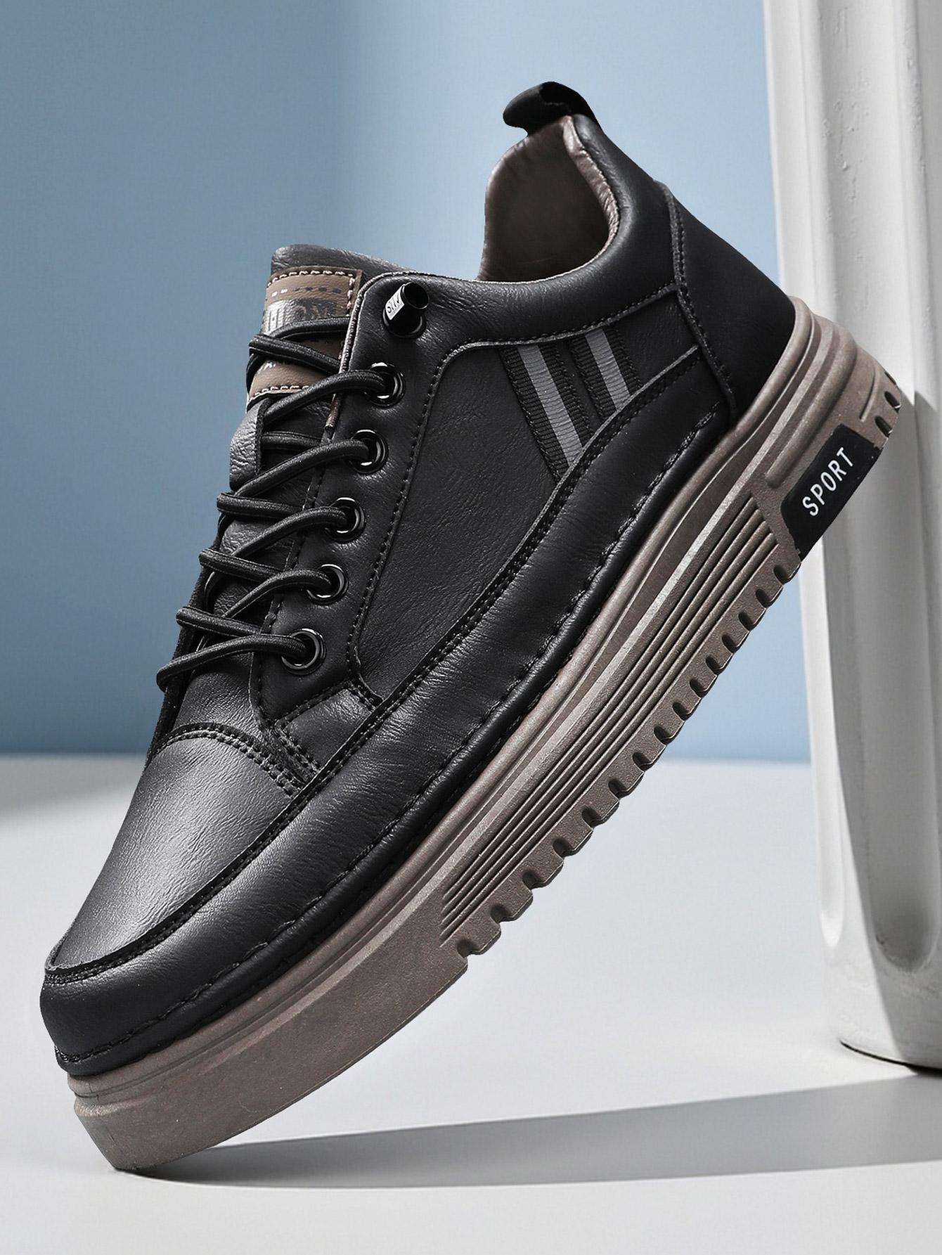 Men's Summer Thick Sole Sneakers, Simple Striped Casual Board Shoes, Soft Leather Breathable Lightweight, Height Boosting Slim Fit, Versatile Daily Wear