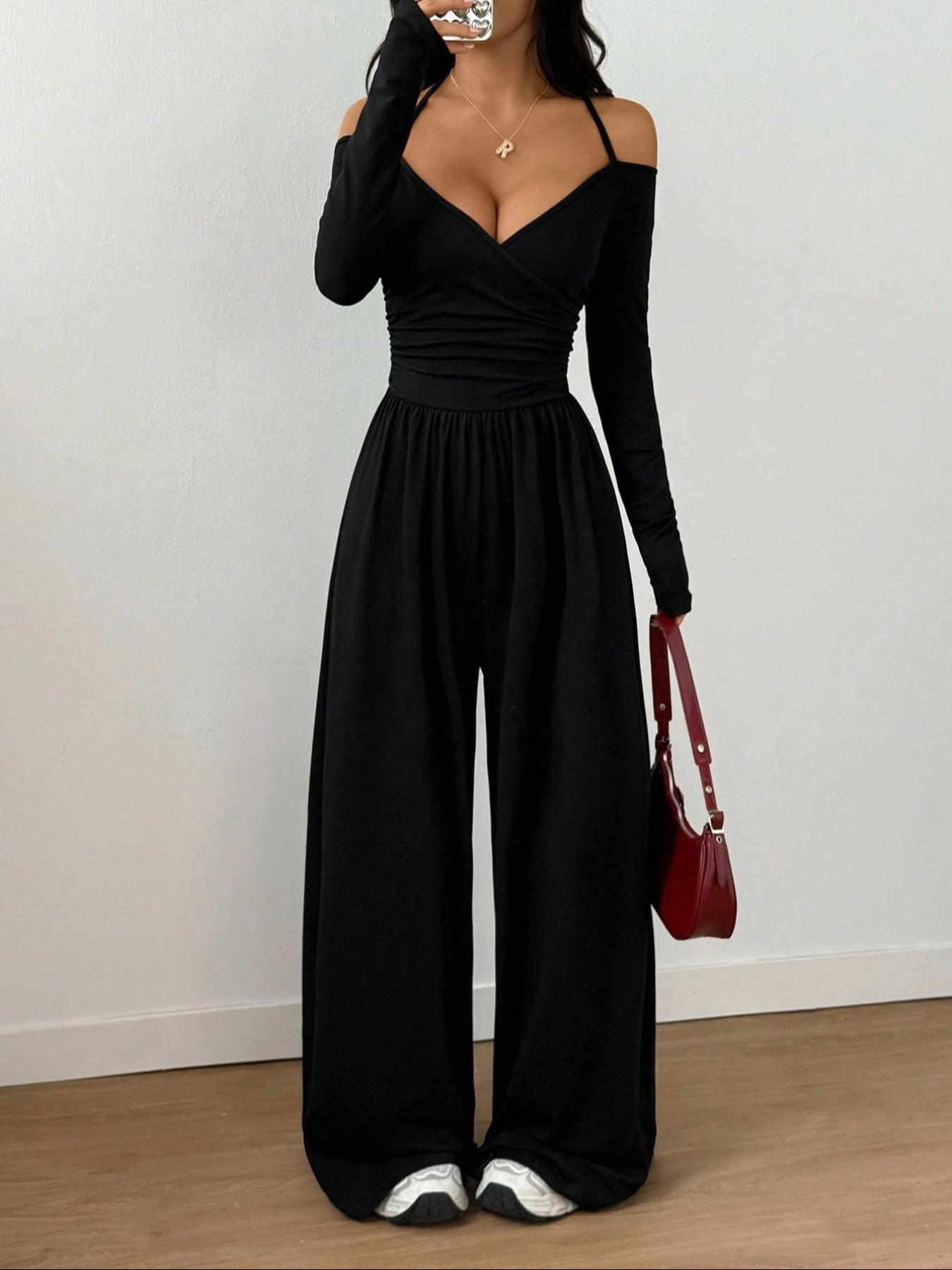 Women's Spring Summer Plain Knit Fashion Design Off-Shoulder Pleated Wide Leg Jumpsuit, Casual Daily Commute Pants, Slim-Fitting