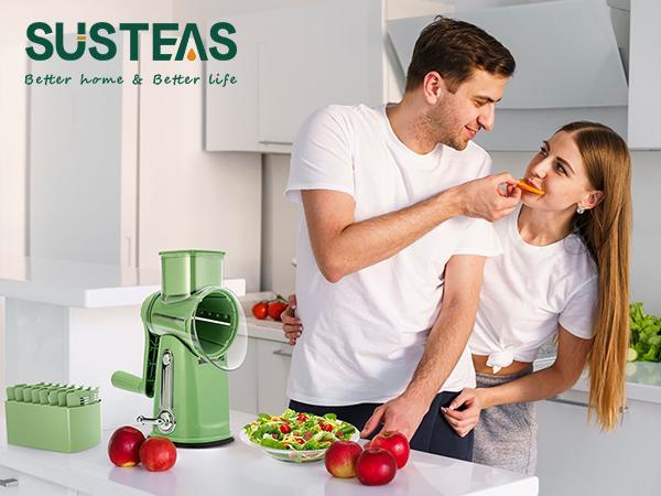SUSTEAS Save Time with This 5-Blade Rotary Grater! Smoothly Shred Cheese & Veggies. Rock-Solid Suction & Ergonomic Handle Prevent Slips – Stylish Retro Green