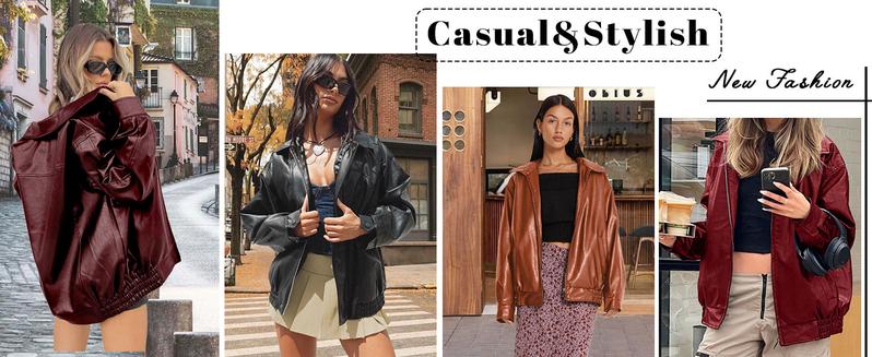 Goranbon Womens Oversized Leather jacket Lapel Bomber Coat Classic Casual Zip Up Warm Fall Winter Clothing Faux Elegance