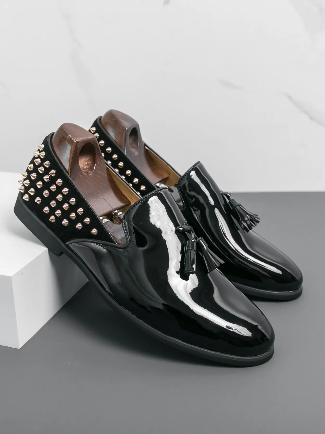 Men Glossy Patent Tassel Loafers, Spike Studs Decor Slip On Dress Shoes, Black Spliced Suede Back, Nightclub Party Stage Gentleman Footwear
