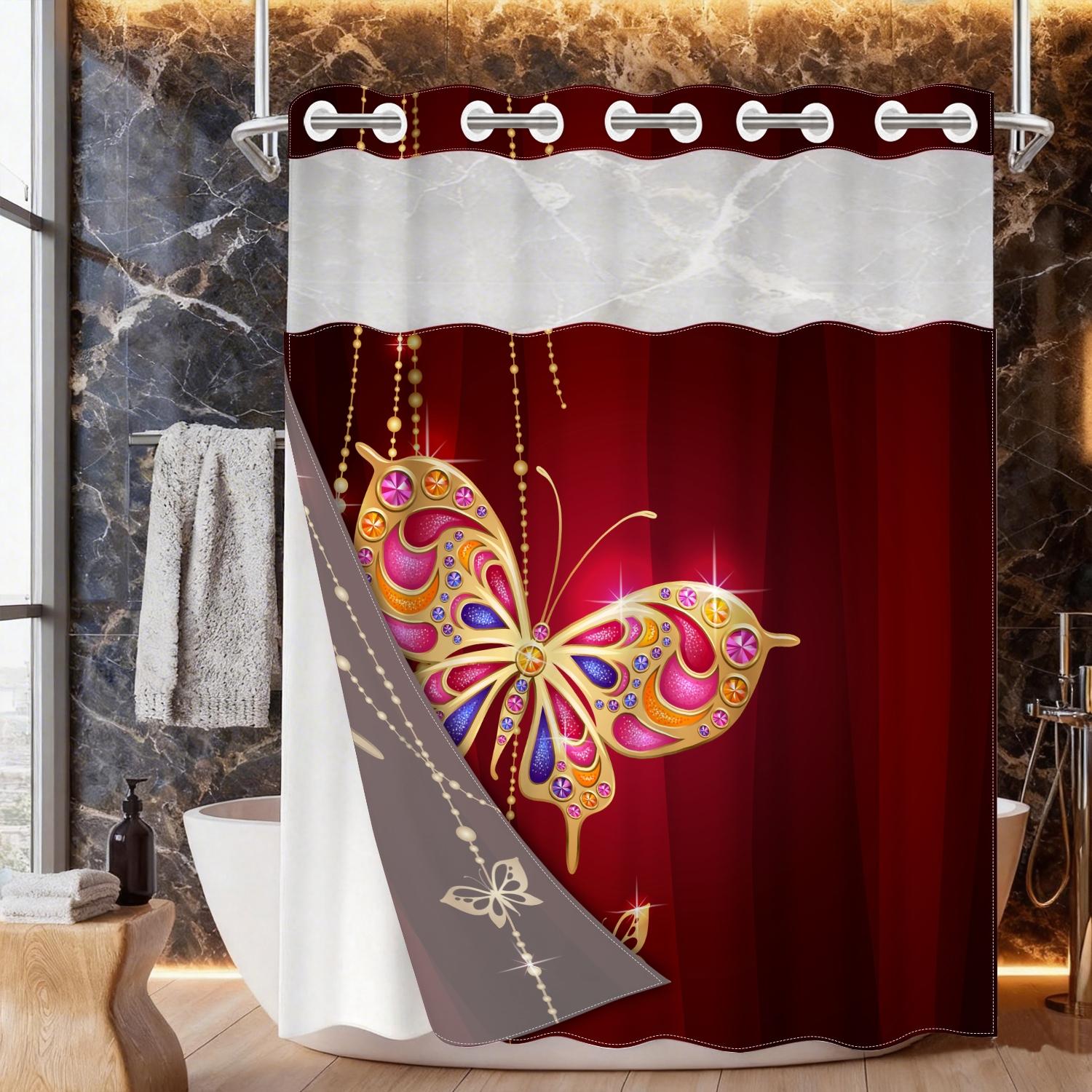 1PC double-layer large ring shower curtain, gold inlaid diamond butterfly pattern, shower curtain, high-end quick drying hanging curtain, bathroom, curtain, waterproof, mildew proof curtain