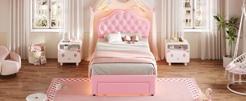 Sikaic Twin Size Velvet Princess Platform LED Bed with Storage Drawers and Adjustable Crystal Button Headboard Pink Comfortable Nursery Design Cute Bedroom