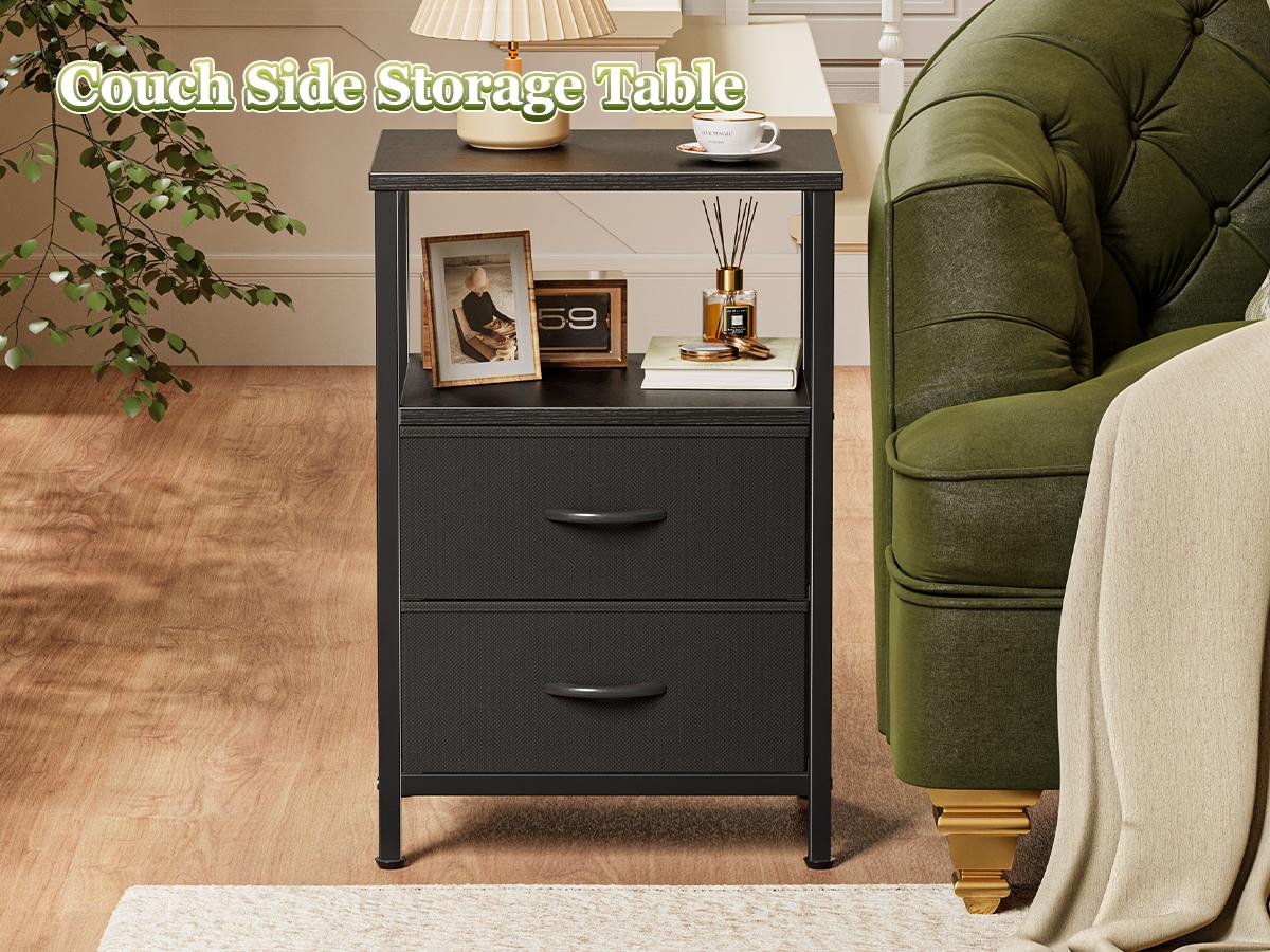 Huuger Night Stand with 2 Drawers, Bed Side Table with Open Shelf, Wooden Top, End Table for Small Space, Bedroom, Fabric Drawer Huuger Night Stand with 2 Drawers, Bed Side Table with Open Shelf, Wooden Top, End Table for Small Space, Bedroom, Fabric Drawer