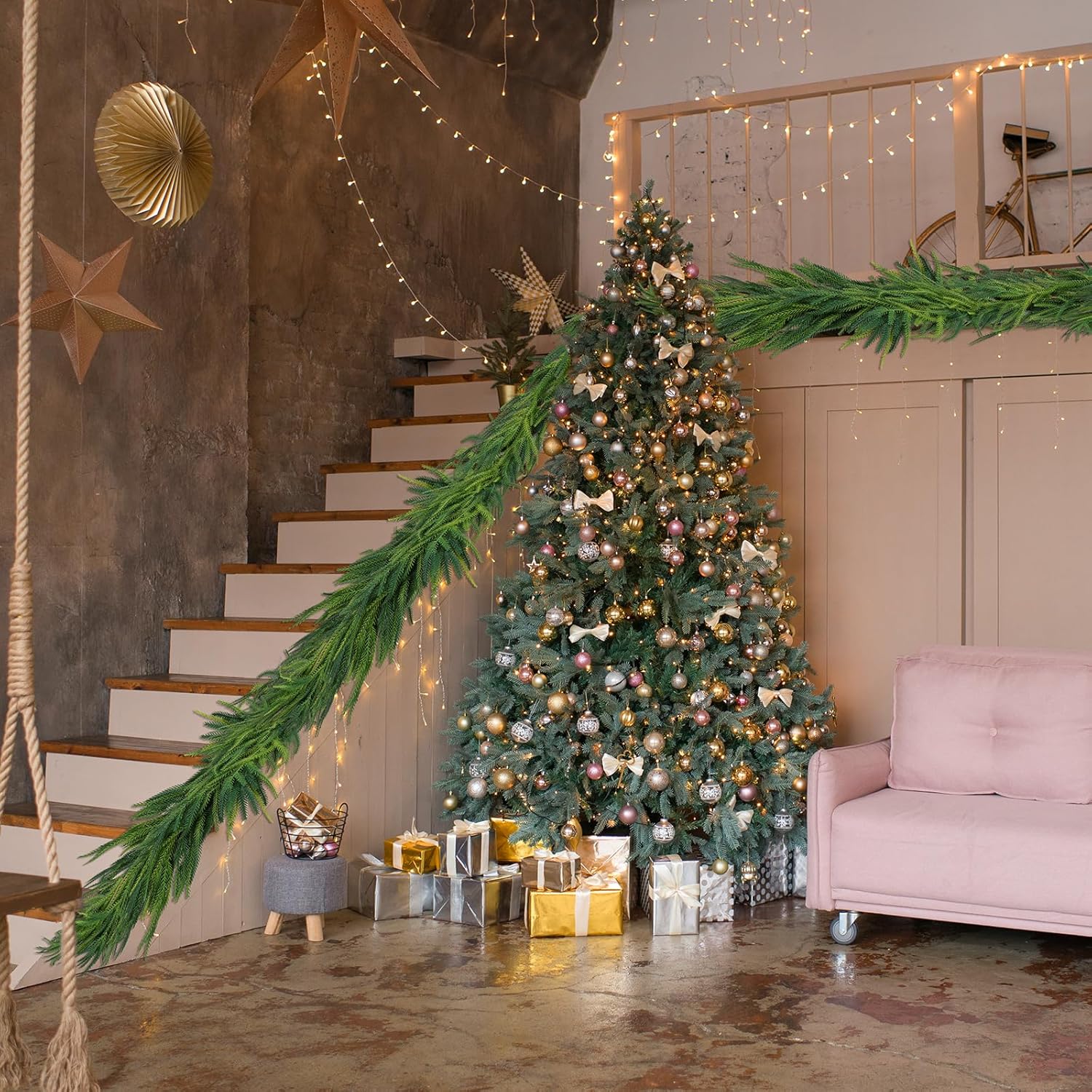 6 Foot Artificial Norfolk Island Christmas Wreath, Faux Pine Garland for Indoor Outdoor Decor, Perfect for Dining Table Fireplace Wall, Hanging Decoration