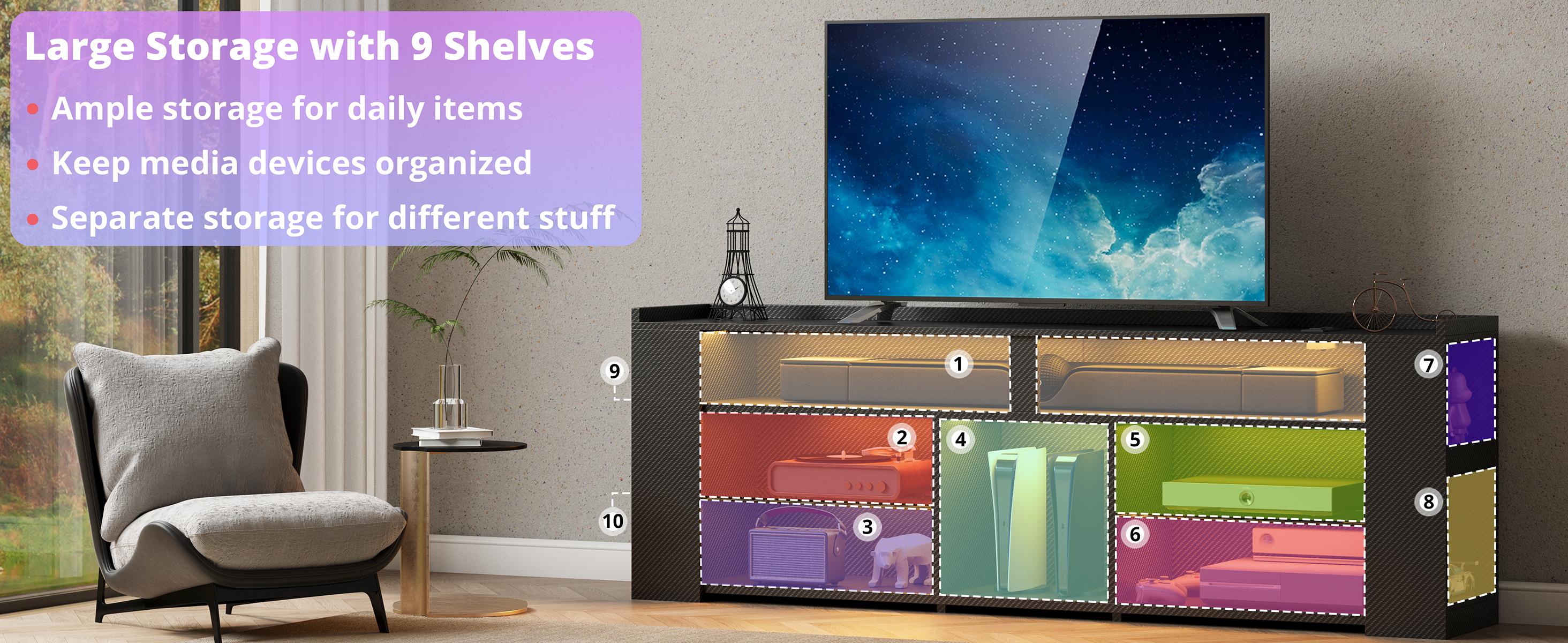 IRONCK Entertainment Center with Storage, Tall TV Stand W/Power Outlet, LED Gaming TV Cabinet for PS5, Black TV Stand with Carbon Fiber