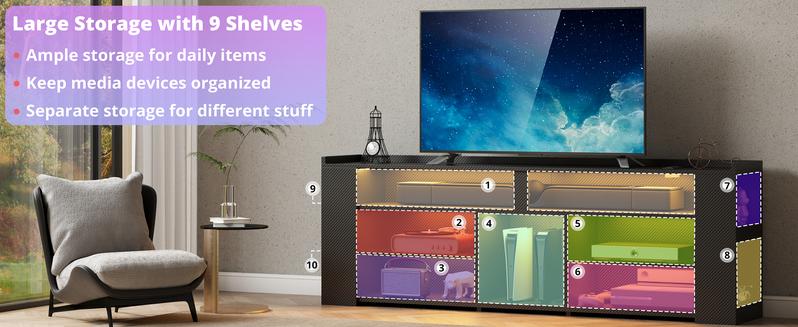 IRONCK Entertainment Center with Storage, Tall TV Stand W/Power Outlet, LED Gaming TV Cabinet for PS5, Black TV Stand with Carbon Fiber