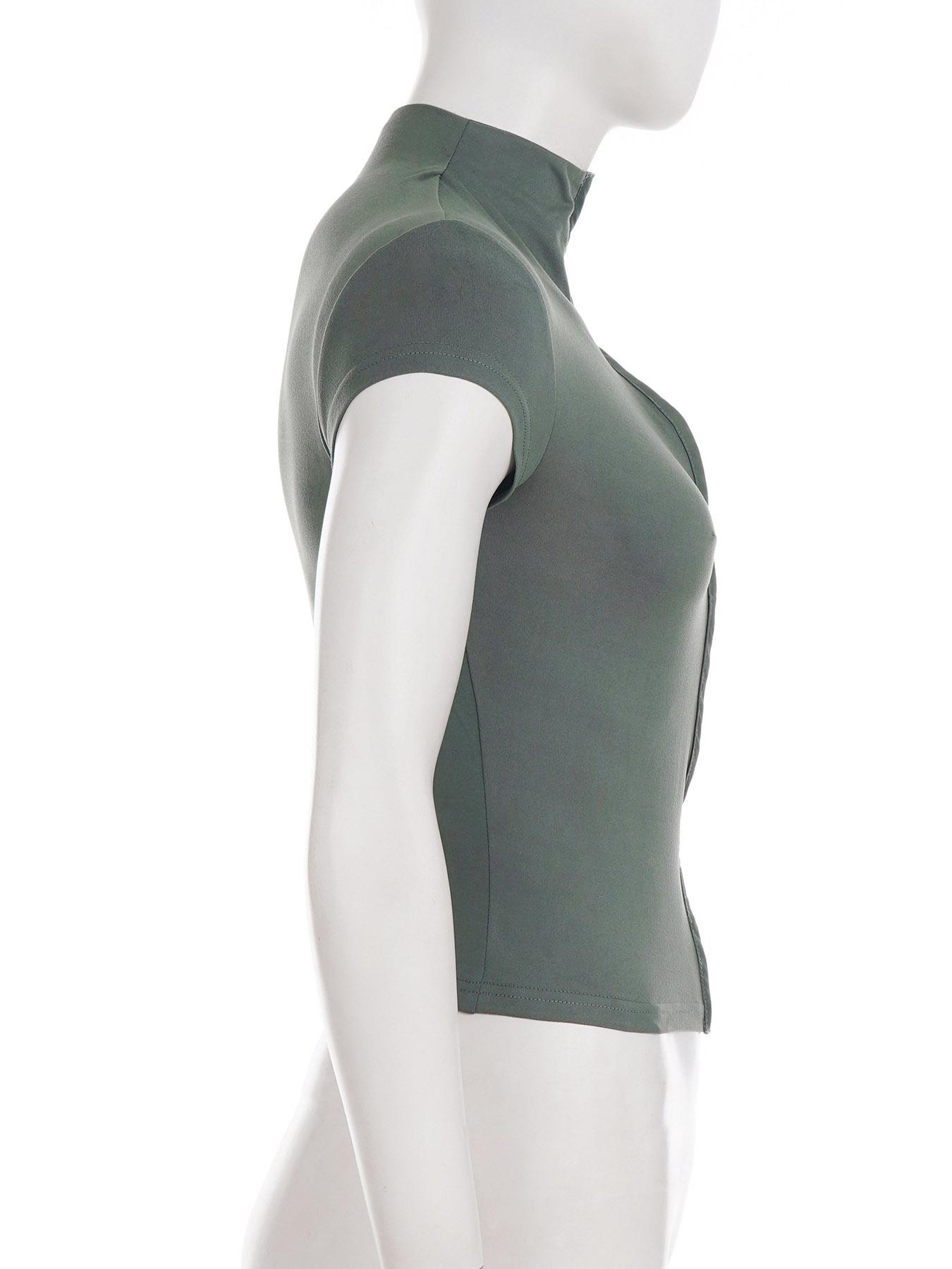 Women's Stand-Collar Solid Color Top, Short-Sleeve T-Shirt with Single-Button Hollow-Out Slim-Fit Design, Summer Casual Chic Top, Womenswear