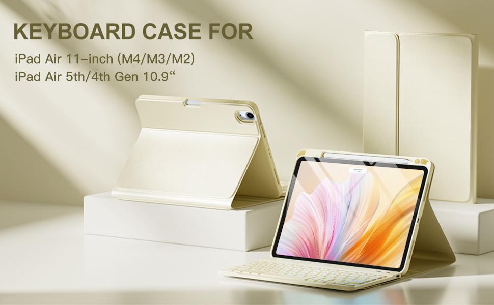 Detachable Wireless KB Folio Case for 11-in iPad Air (M4/M3/M2, 4th/5th Gen) with 7-Color Backlit, Pencil Holder, Starlight, Detachable Kb