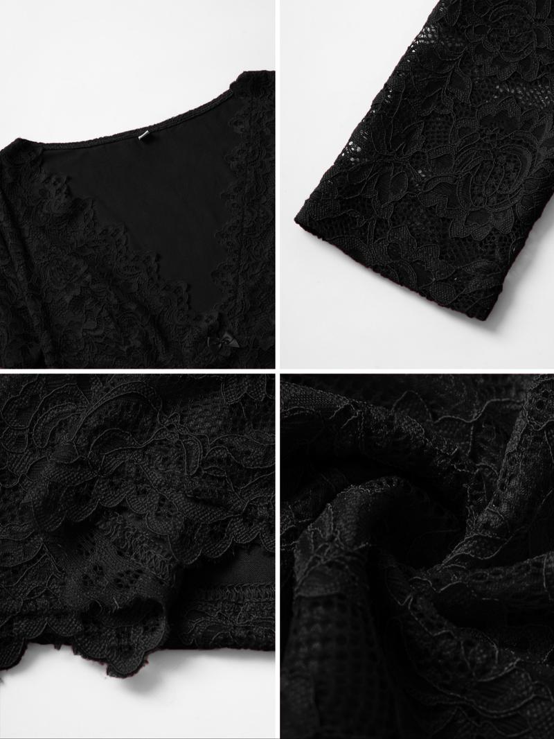 Spring Summer Y2K Sexy Slim Fit V Neck Lace Patchwork Bow Hollow Out Short Sleeve T-Shirt, Women's Fashion Casual Top