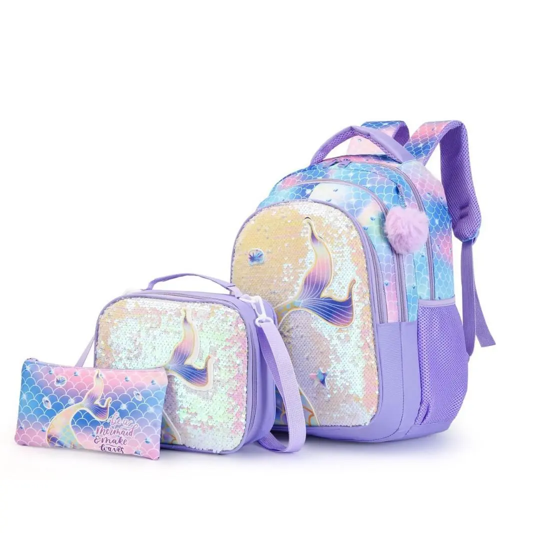 3Pcs Glitter Sequin Mermaid Tail Print Backpack Set for Teen Girls Women, Pastel Gradient Fish Scale Large Capacity Multi-Layer Water Resistant Student Backpack, Lightweight Breathable Daypack with Fluffy Pom Pom Pendant, Complete Combo\