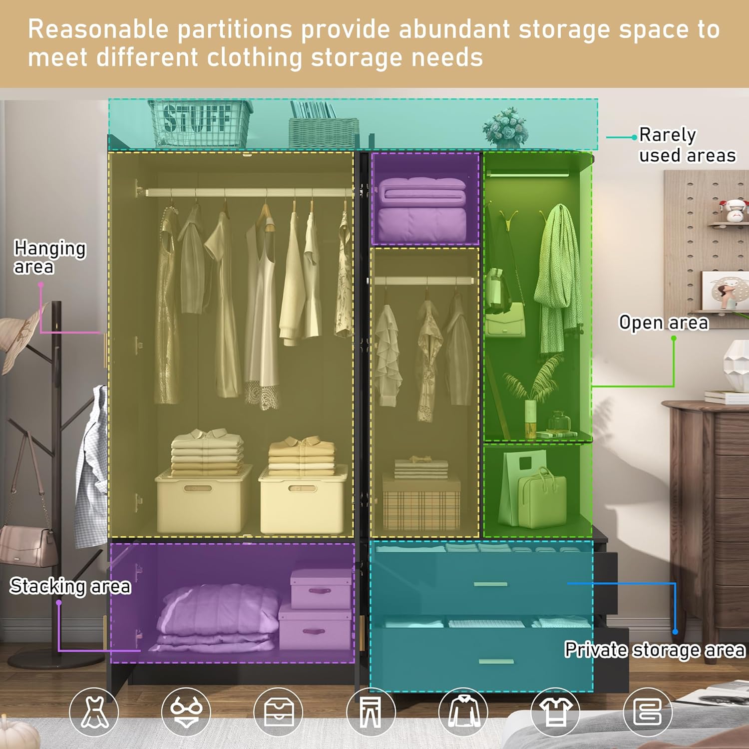 Armoire Wardrobe Closet with Mirror and Sensor Light, Bedroom Armoire with 5 Doors 2 Drawers, Modern Wooden Large Wardrobe Closet with Shelves, 4 Hooks, 2 Hanging Rods, Open Space, Black/white Armoire Wardrobe Closet with Mirror and Sensor Light, Bedroom Armoire with 5 Doors 2 Drawers, Modern Wooden Large Wardrobe Closet with Shelves, 4 Hooks, 2 Hanging Rods, Open Space, Black/white