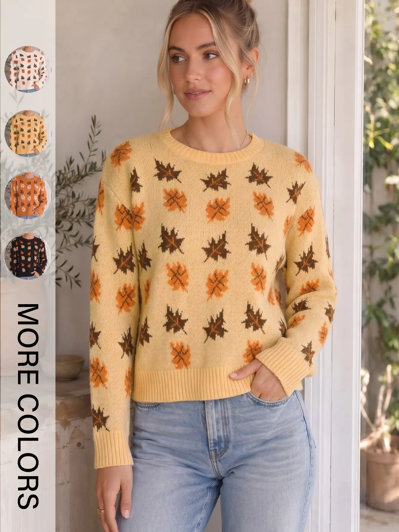 Women's Fall Winter Casual Knit Pullover Sweater, Leaf Pattern Patchwork Long Sleeve Jumper, Loose-Fitting Kint Style Top