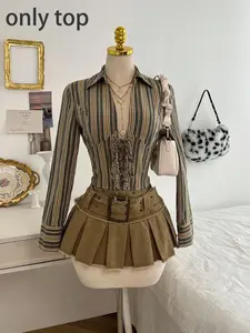 1 Piece  Retro Striped Waist-Cinched Shirt Set | Euro-Hong Kong Style | Deep V Drawstring + Slim-Fit Silhouette | Elegant Pick for Daily Commute / Coffee Dates （only top）