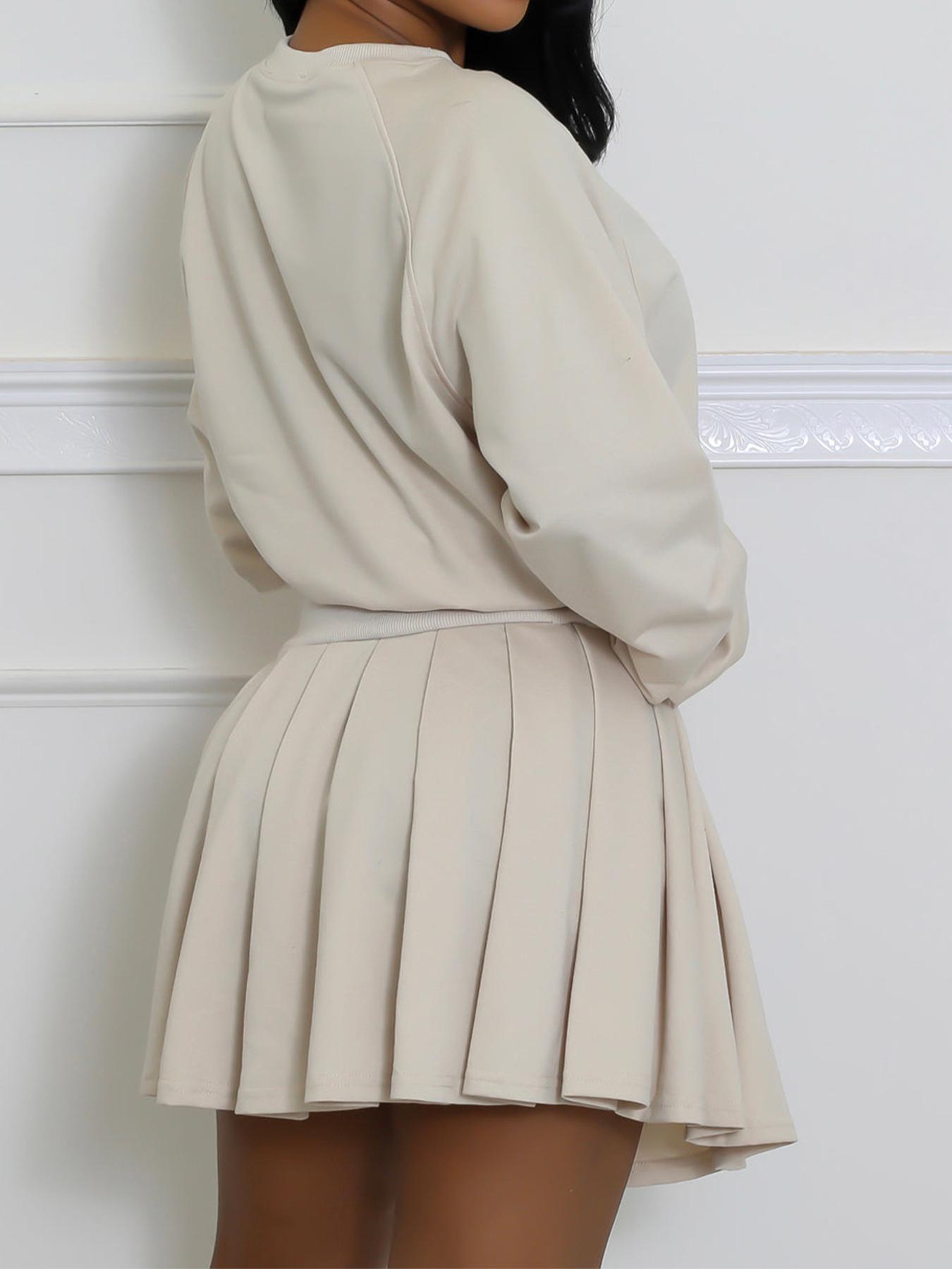 Women's Fashion Casual Set, Autumn Winter New Style Hoodie Long Sleeve Pullover Top and Pleated Mini Skirt