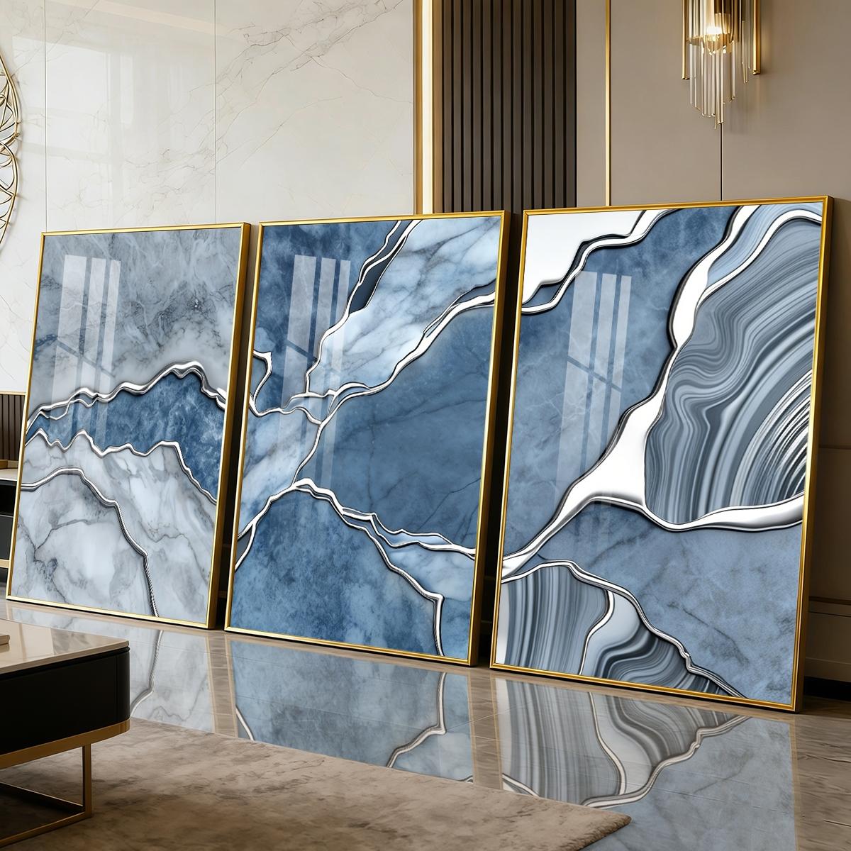3 Counts Aluminum Alloy Framed Painting, Abstract Blue Marble Texture Art Pictures, Home Decoration For Living Room, Bedroom, Office, Restaurant, Hallway Wall Decor, Odorless Print Artwork, Luxury Perfect Gift For Friends And Family