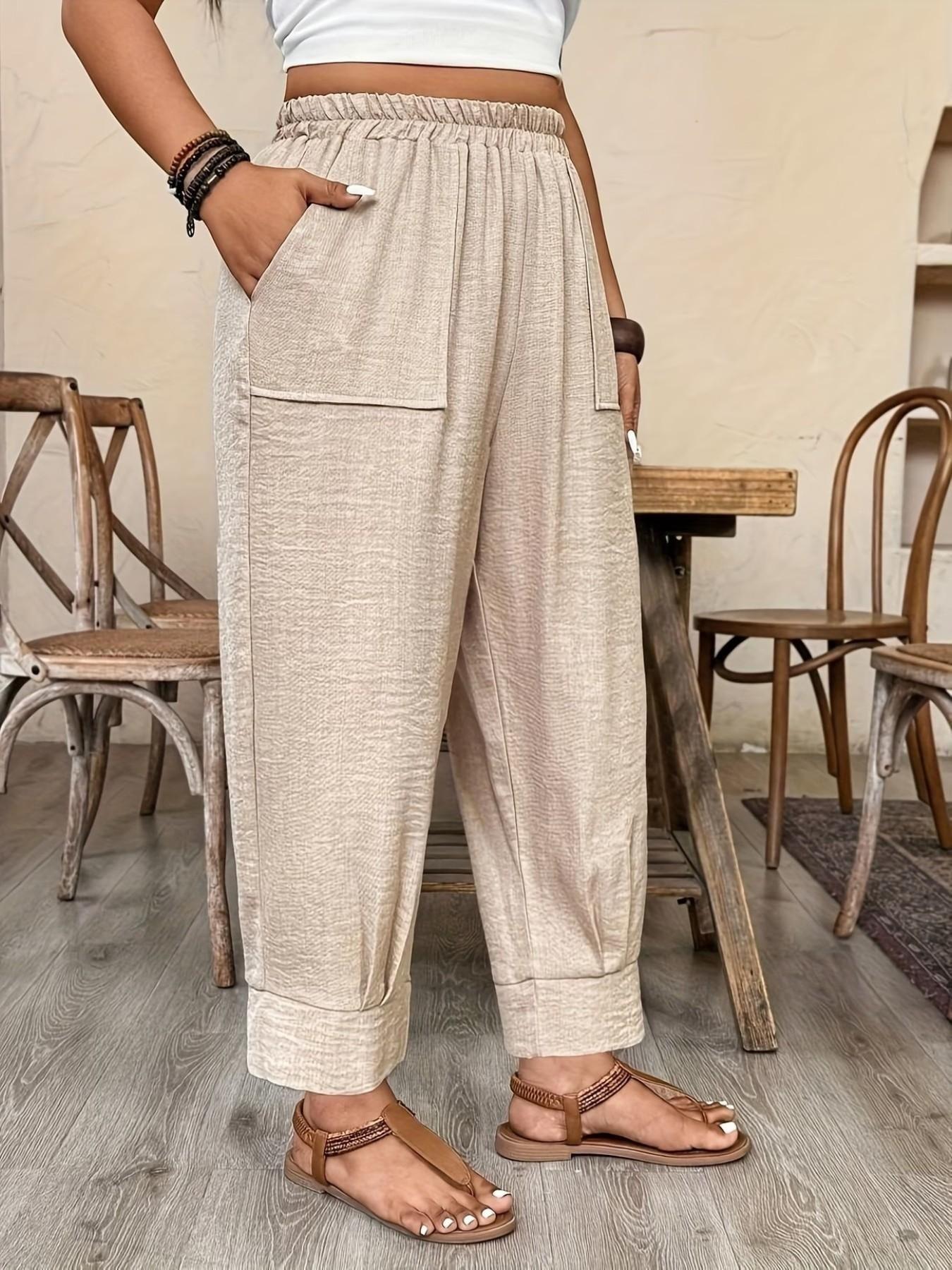 Plus Size Casual Elastic Waist Loose Fit Trousers, Breathable Lightweight Fabric, Y2K Clothes Summer Outfits, Trendy Vacation Daily Wear, Comfortable Relaxed Fit Work Casual Bottoms