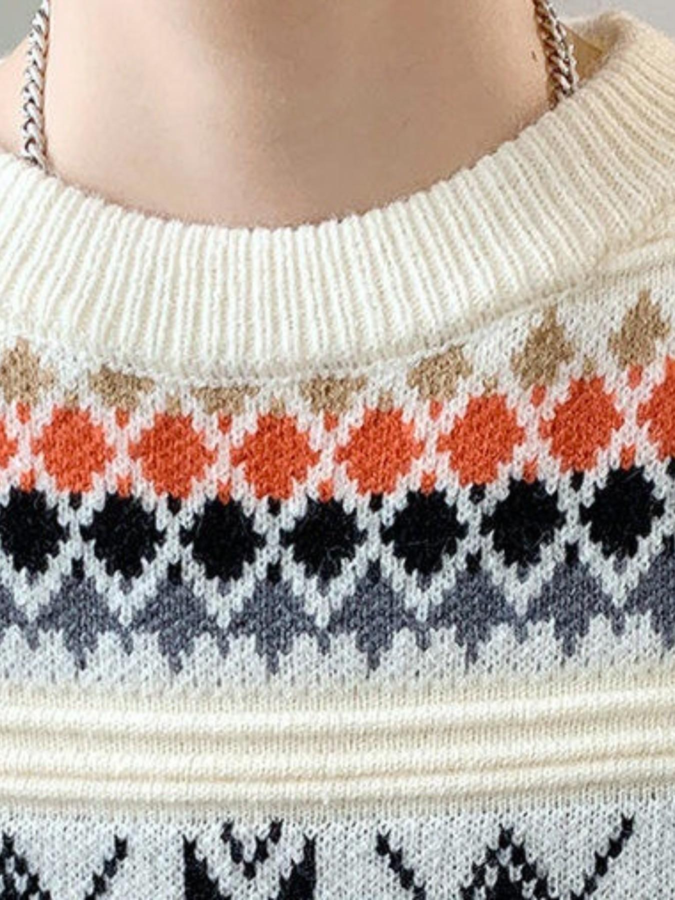 Men's Fair Isle Knit Sweater, Thick Warm Round Neck Pullover, Vintage Nordic Geometric Pattern, Fall Winter Casual Streetwear