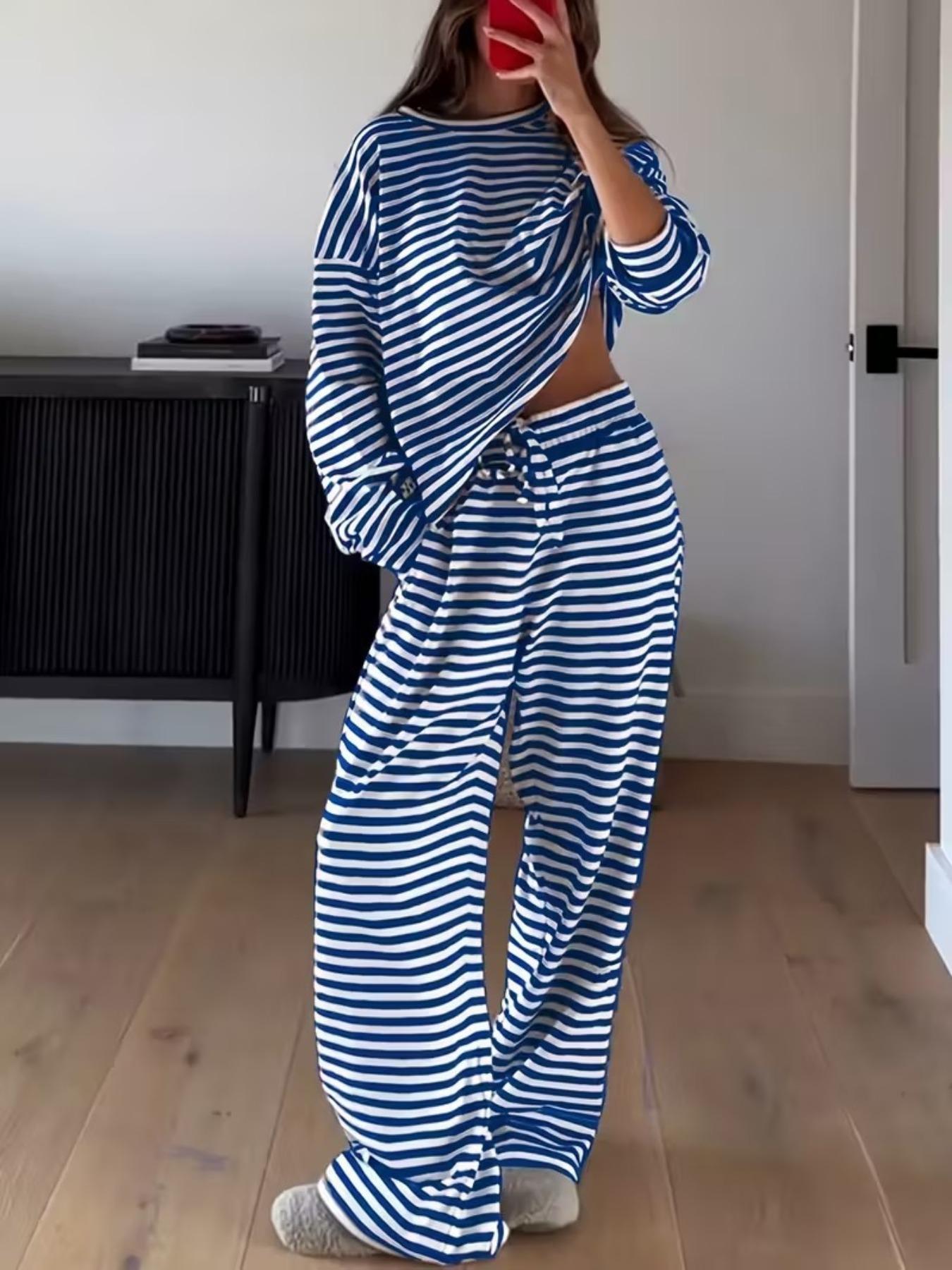 Women's Fashion Striped Casual Workout Loungewear Sportswear Set, Spring & Fall Long Pants and T-Shirt Two-Piece, Stylish Stripe Design