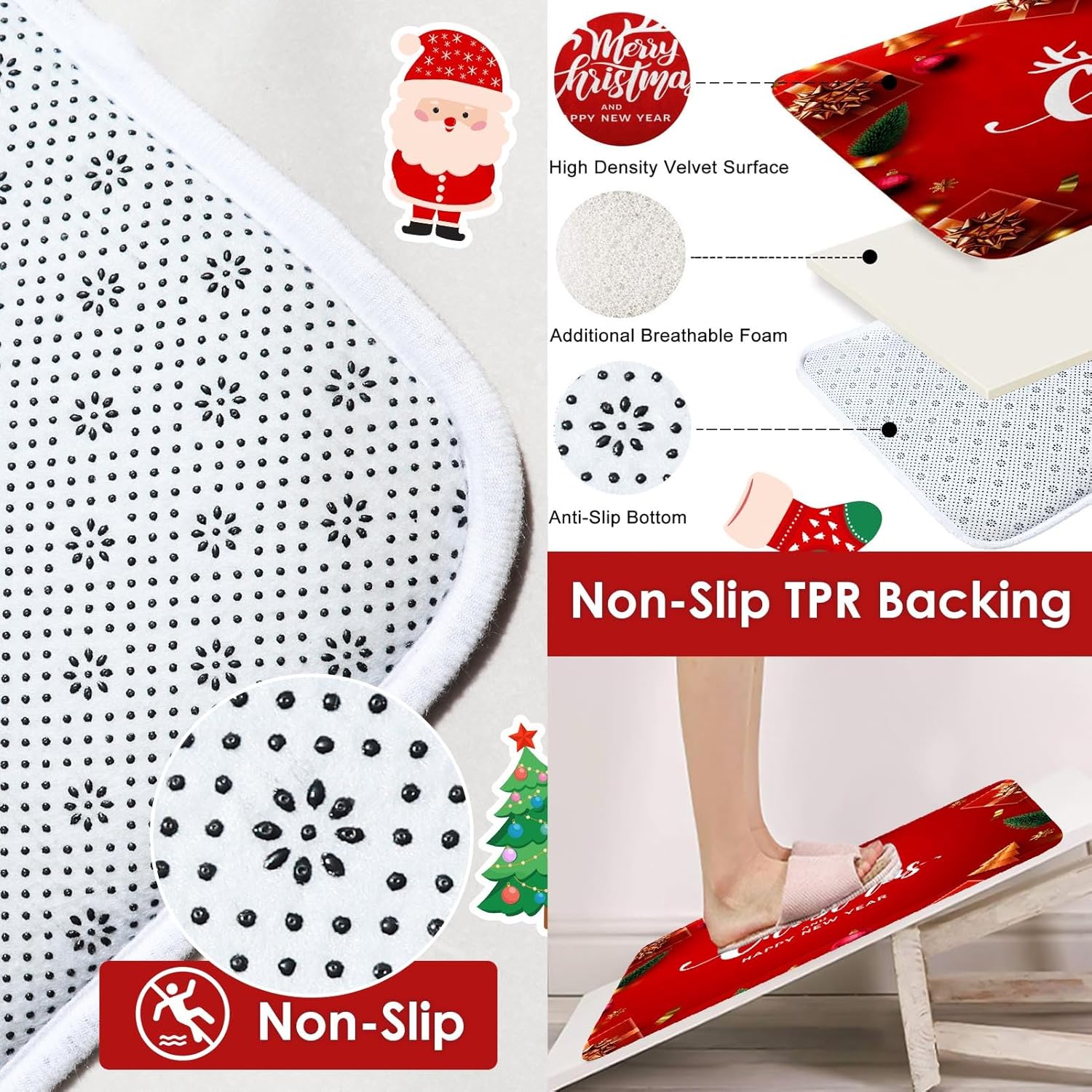 4 Pcs Shower Curtain Set Merry Christmas Happy New Year with Non-Slip Rugs Toilet Lid Cover and Bath Mat Bathroom Decor Set