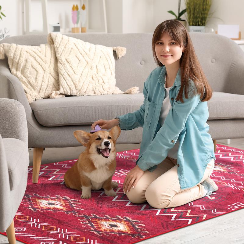 Large Bohemian Faux Cashmere Area Rug, Washable Non-slip Backing Retro Area Rug, Low Pile Area Rug for Living Room, Bedroom, Dining Room, Blue, Red, Beige, 4x6, 5x7, 6x9, 8x10 Feet-S