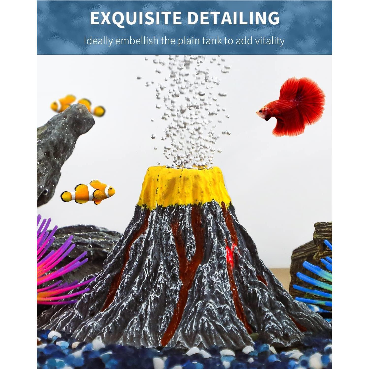 Aquarium Volcano Ornament Kit Realistic  Volcanic Decoration with Air Stone Bubbler Colorful LED Light Decor for Fish  Landscape Addition and Oxygenation