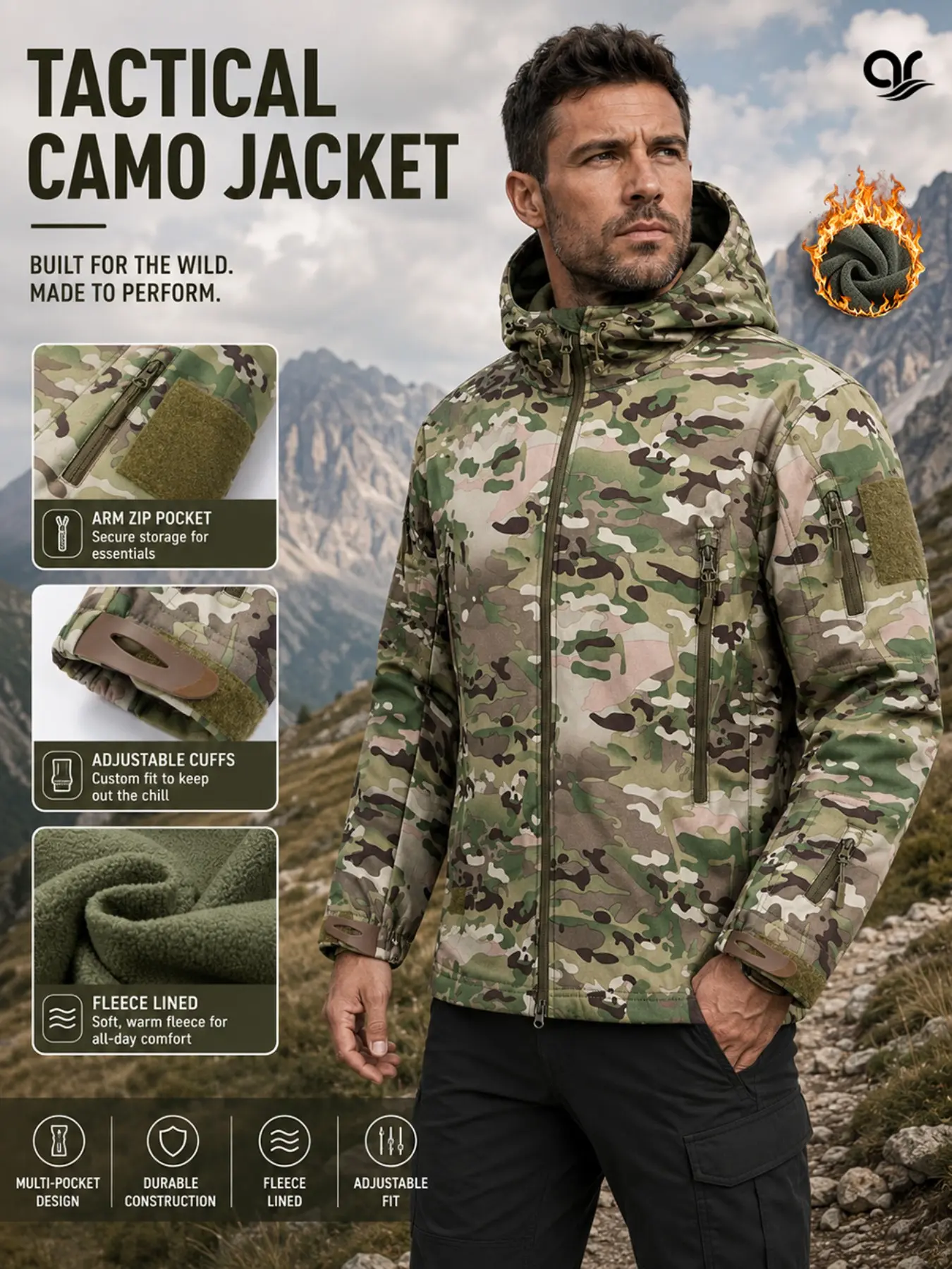 AR Men's Tactical Camouflage Fleece-Lined Hooded Military Jacket, Warm Windproof Durable Multi-Pocket Full Zip Outdoor Coat with Adjustable Cuffs for Hunting, Hiking, Camping, Fishing, Work & Daily Wear