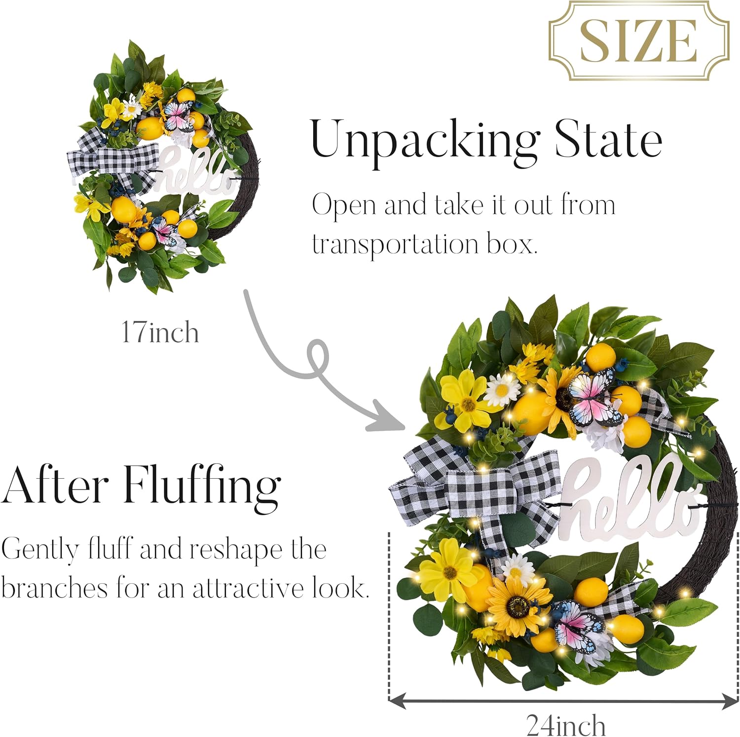 24'’ Collapsible Pre-lit Spring Summer Lemon Wreath for Front Door, Lighted Yellow Sunflower Wreaths with Hello Sign & Ribbon, Farmhouse Home Porch Wall Kitchen Amalfi Coast Decor