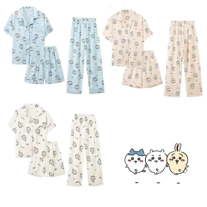 Chiikawa Usagi  Hachiware  Pajamas Girls Summer Ice and Snow Silk Short-sleeved Summer Thin Home Clothes Three-piece Set