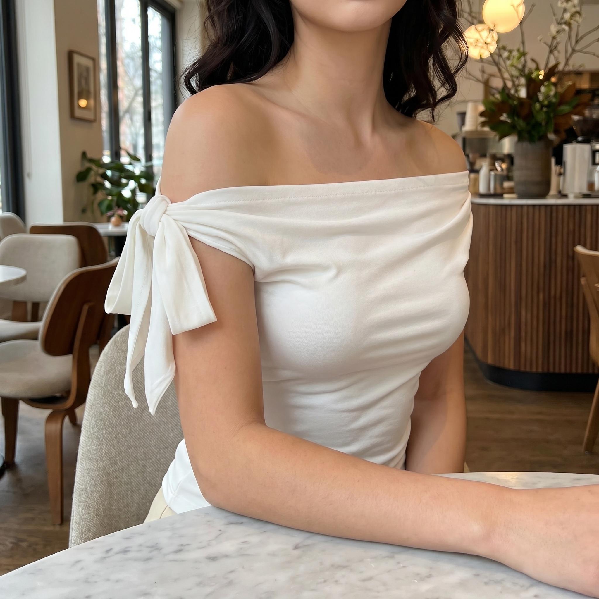 Women's Asymmetrical Off-Shoulder Top - Tie Knot Sleeve Ruched Blouse - Elegant Slim Fit One-Shoulder Shirt Women's Asymmetrical Off-Shoulder Top - Tie Knot Sleeve Ruched Blouse - Elegant Slim Fit One-Shoulder Shirt