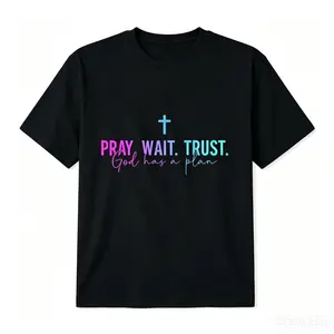 Cotton Graphic Short-Sleeve Sports Top, Streetwear Everyday Wear with "Pray Wait Trust God Has A Plan" Design