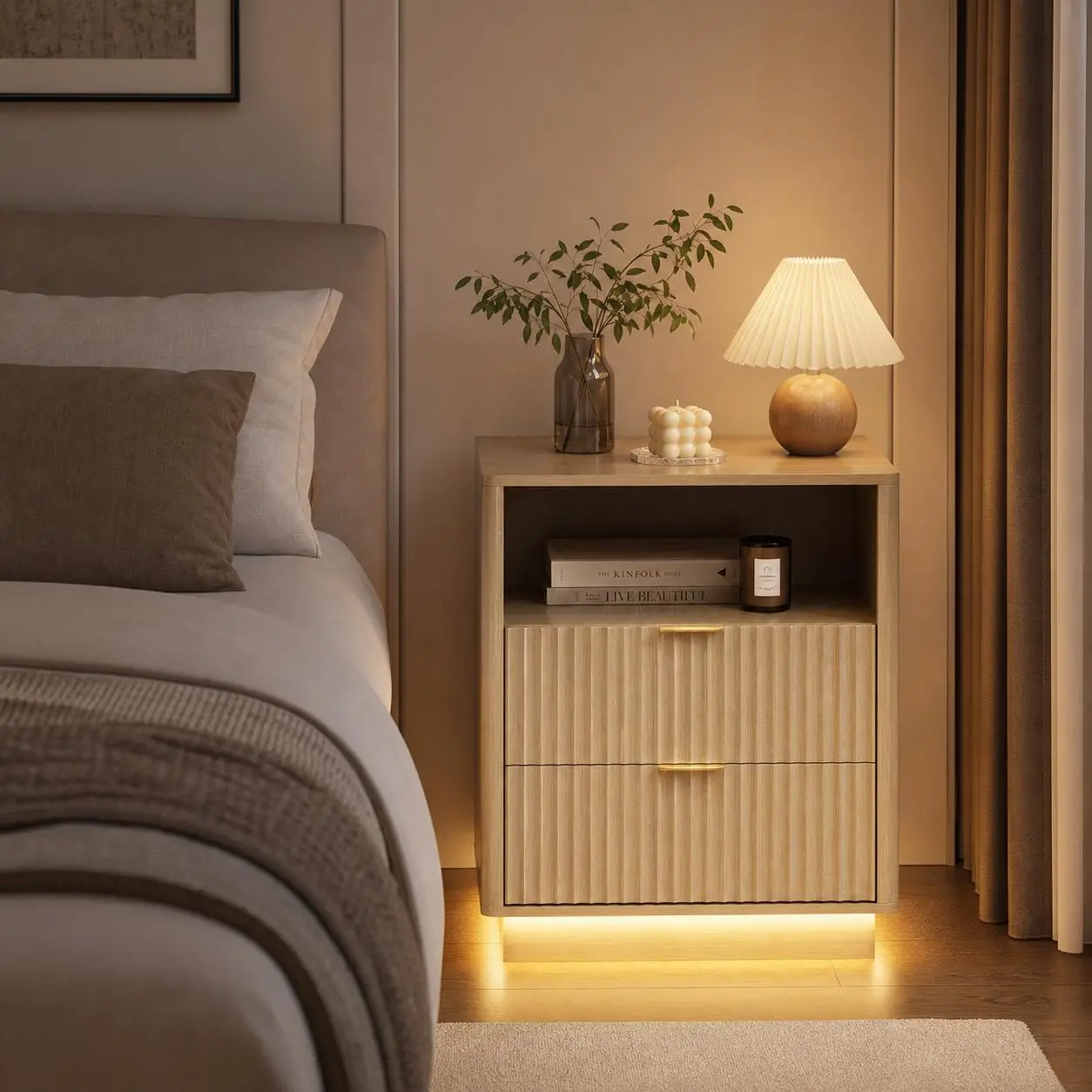 Nightstand with Charging Station and LED Lights - Modern Fluted Bedside Table with 2 Drawers, Open Storage Shelf, USB Type C Outlets for Bedroom Living Room