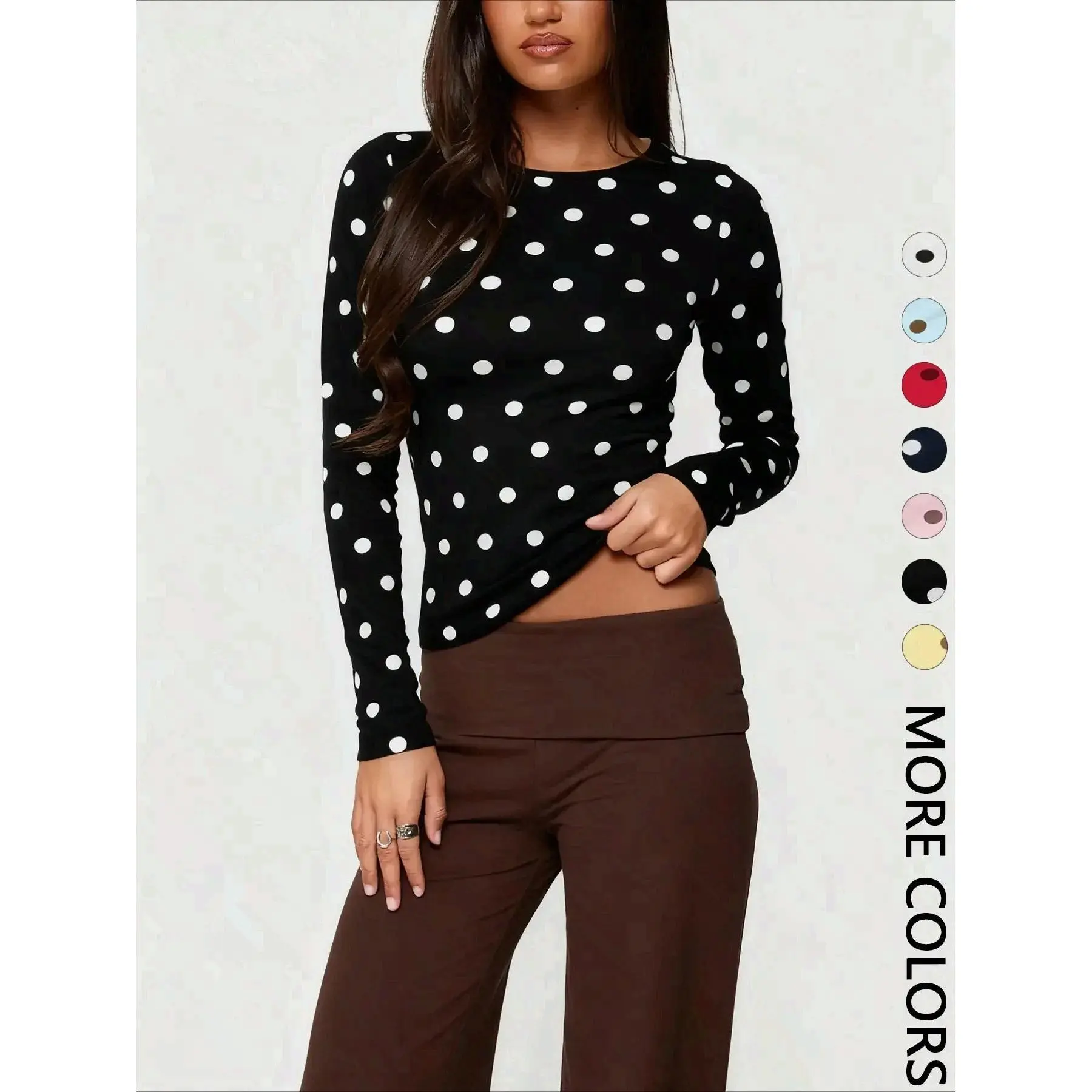 Women's Polka Dot Chic Pattern Crew Neck Long Sleeve Slim-Fit Short Blouse, Vintage Bodycon Top, Ideal for Dates, Shopping, Cold Machine Wash Casual Shirts