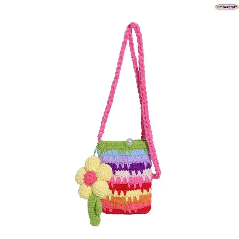 Girls' Handmade Wool Crochet Phone Messenger Bag - Casual Trendy Bohemian Fashion Accessory, Travel Purse