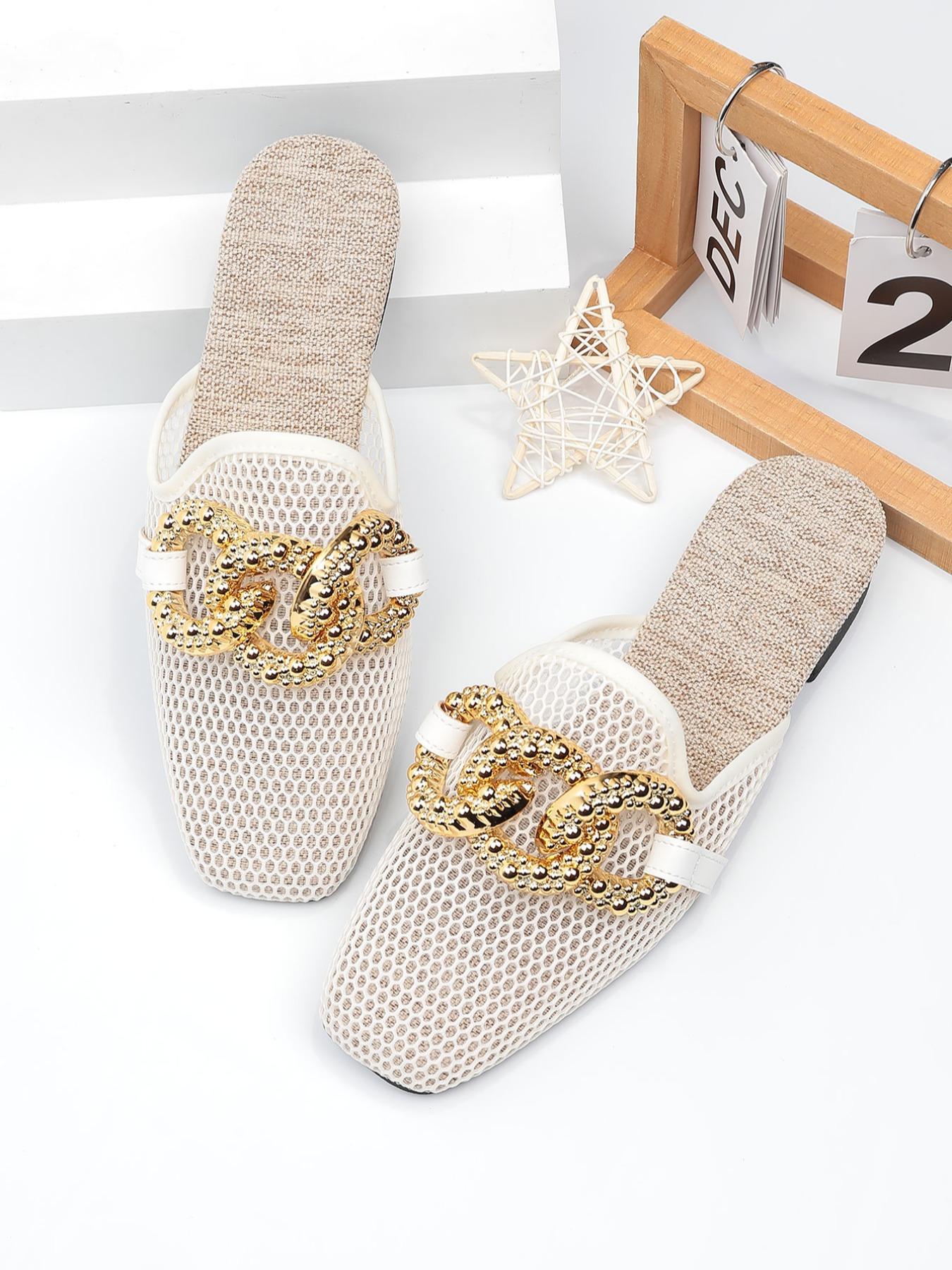 Women's Fashion Slip-On Sandals, Metal Chain Design, Breathable Mesh Upper, Eva Sole, Summer Casual Beach Shoes, Slip On Mules