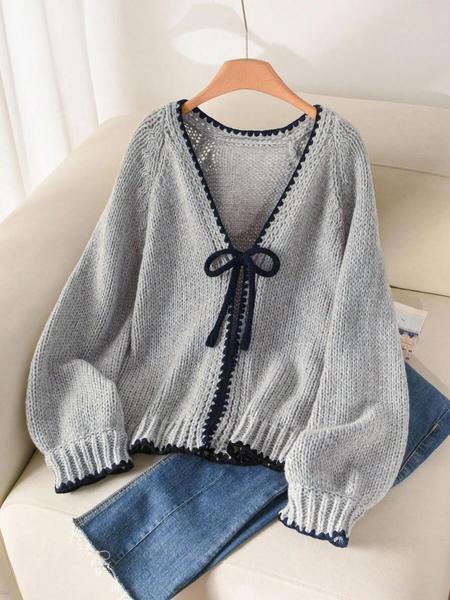 Women's Tie Front Open Front Colorblock V Neck Knit Cardigan Sweater, Casual Loose Fit Long Sleeve Cardigan for Fall & Winter, Women's Knitwear for Daily Wear, Women's Fall Outfit, Winter Sweater for Women, Grey