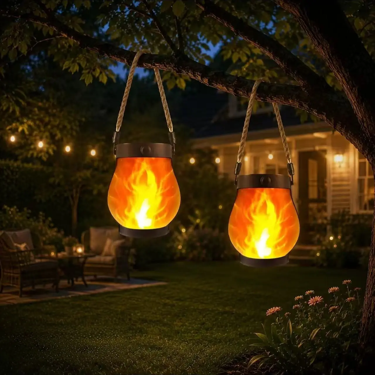 Halloween Solar Flame Lantern, Blinking Fire Garden Light, USB & Solar Dual Charging, Outdoor Party Waterproof Hanging Decorative Lamp, Led Solar Lights