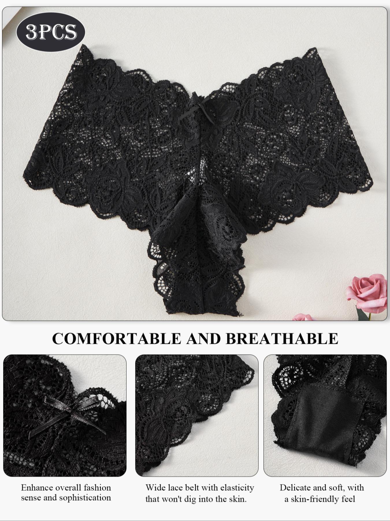 Women's Lace Underwear Mid-Waist Thong Panties, Bow Detail, Full Embroidery, Plain Color, M-Xxl, Slim-Fitting, All Seasons