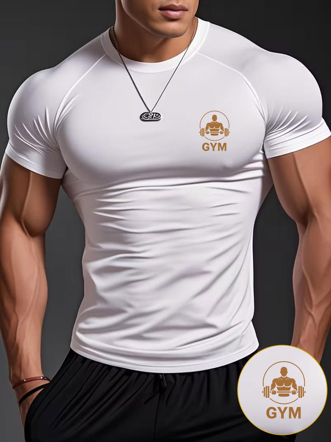 Men's White Quick Dry Compression Gym Training Short Sleeve T-shirt with GYM Print