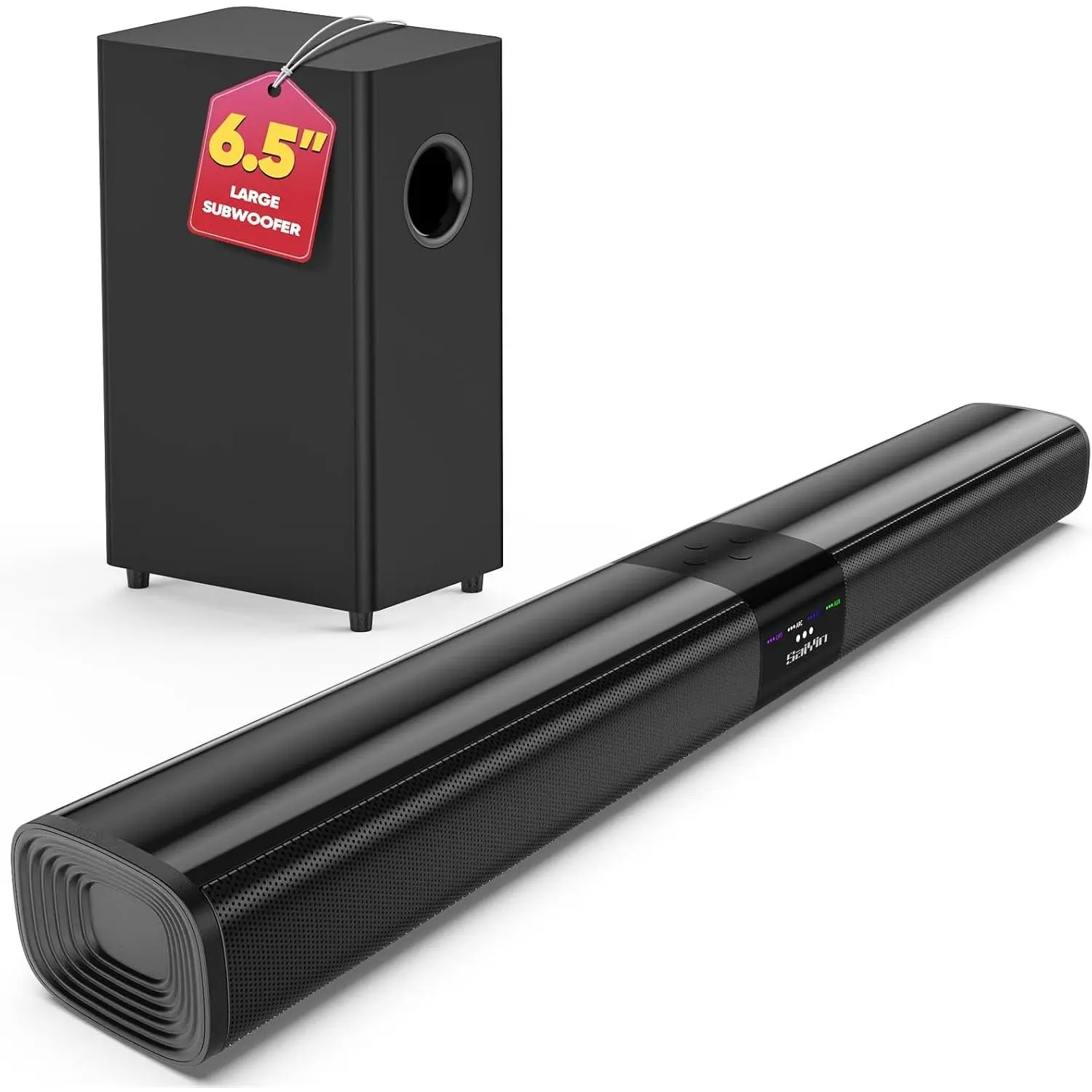 Detachable Sound Bar with 6.5" Subwoofer, 10-Level Adjustable Bass | 24.1" Soundbar, 2.1Ch 100W Surround Sound System for TV, TV Soundbar with Optical, TV-ARC, Auxiliary and  5.3 Inputs