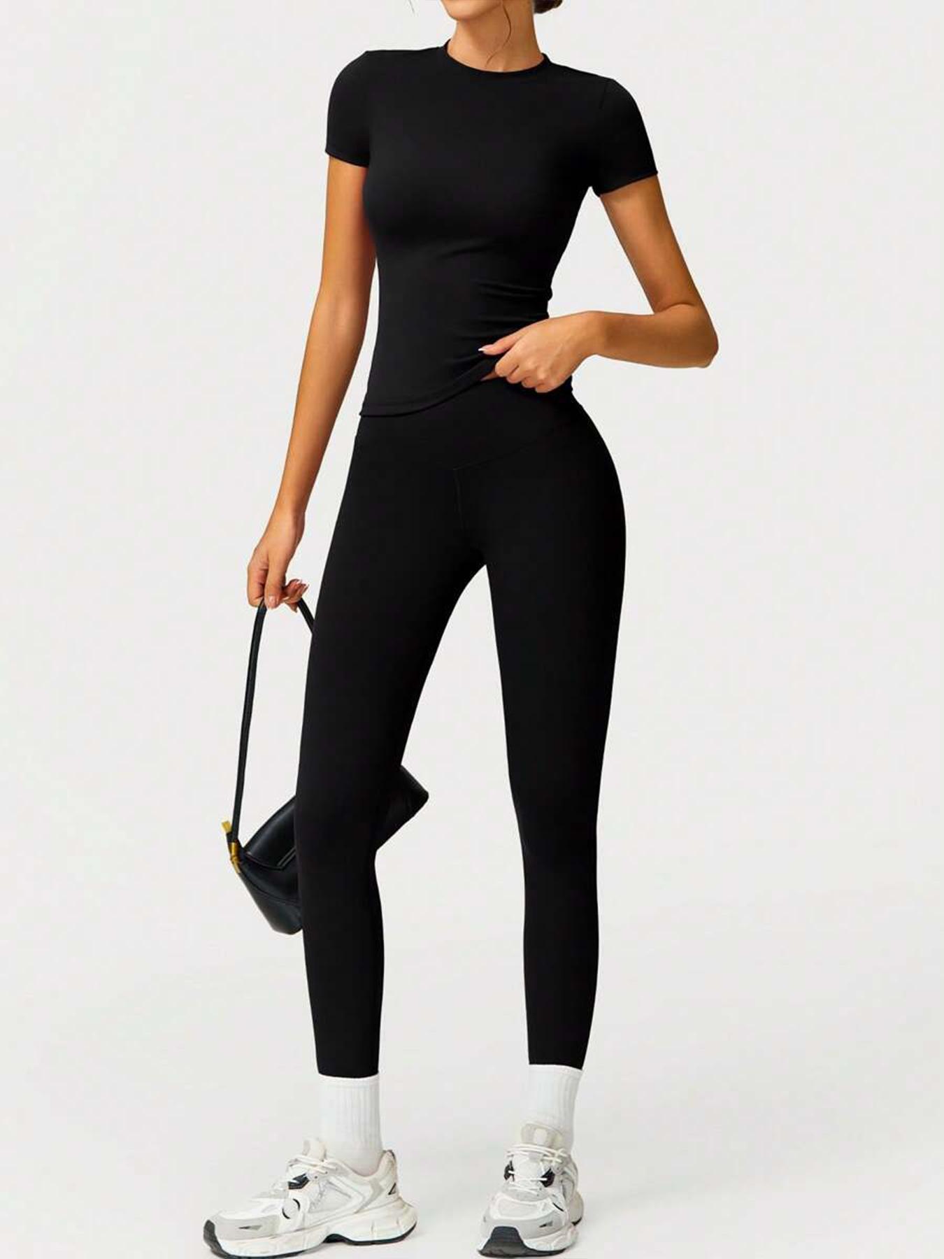 Women's Sporty Fitted Yoga Tracksuit Set, Soft Breathable Stretch Fabric Activewear Short Sleeve Top & Elastic Pants, Ideal for Fitness Running Outdoor Activities