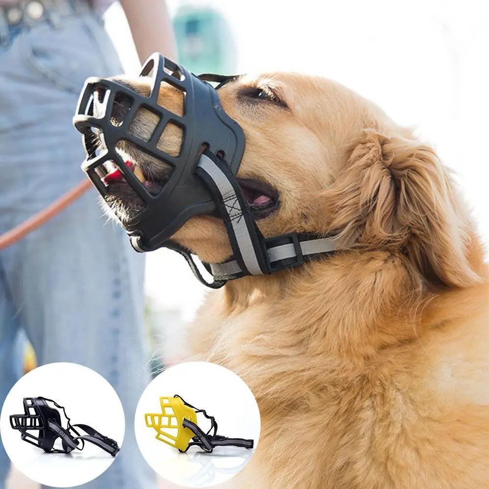 Reflective Silicone Dog Muzzle - Hollow-Out Design, Breathable Basket, Adjustable Size Buckle, Anti-Bite Anti-Chewing Outdoor Accessory for Medium & Large Dogs, Size M
