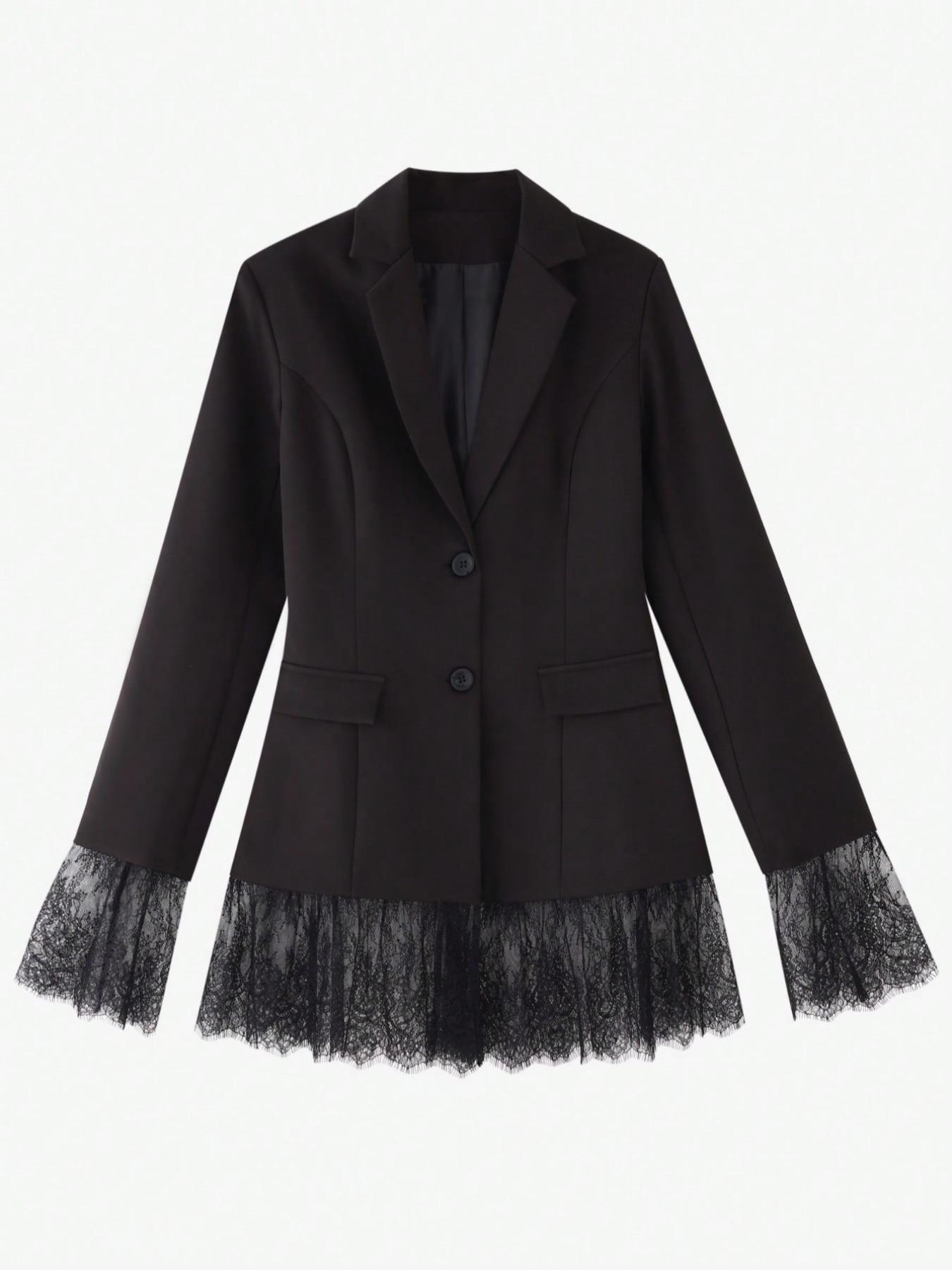 Women's Fitted Pure Color Woven Fabric Lace Patchwork Button Waistcoat Jacket, Office Evening Date Formal Banquet Fall Winter