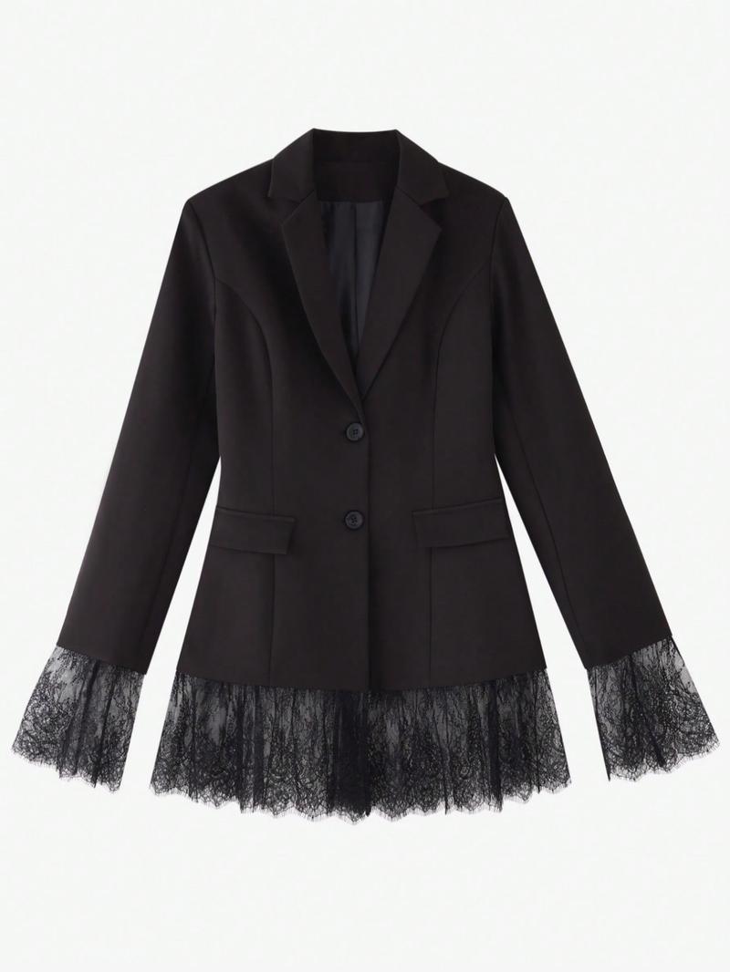 Women's Pure Color Woven Fabric Lace Patchwork Button Waistcoat Jacket, Office Evening Date Formal Banquet Fall Winter